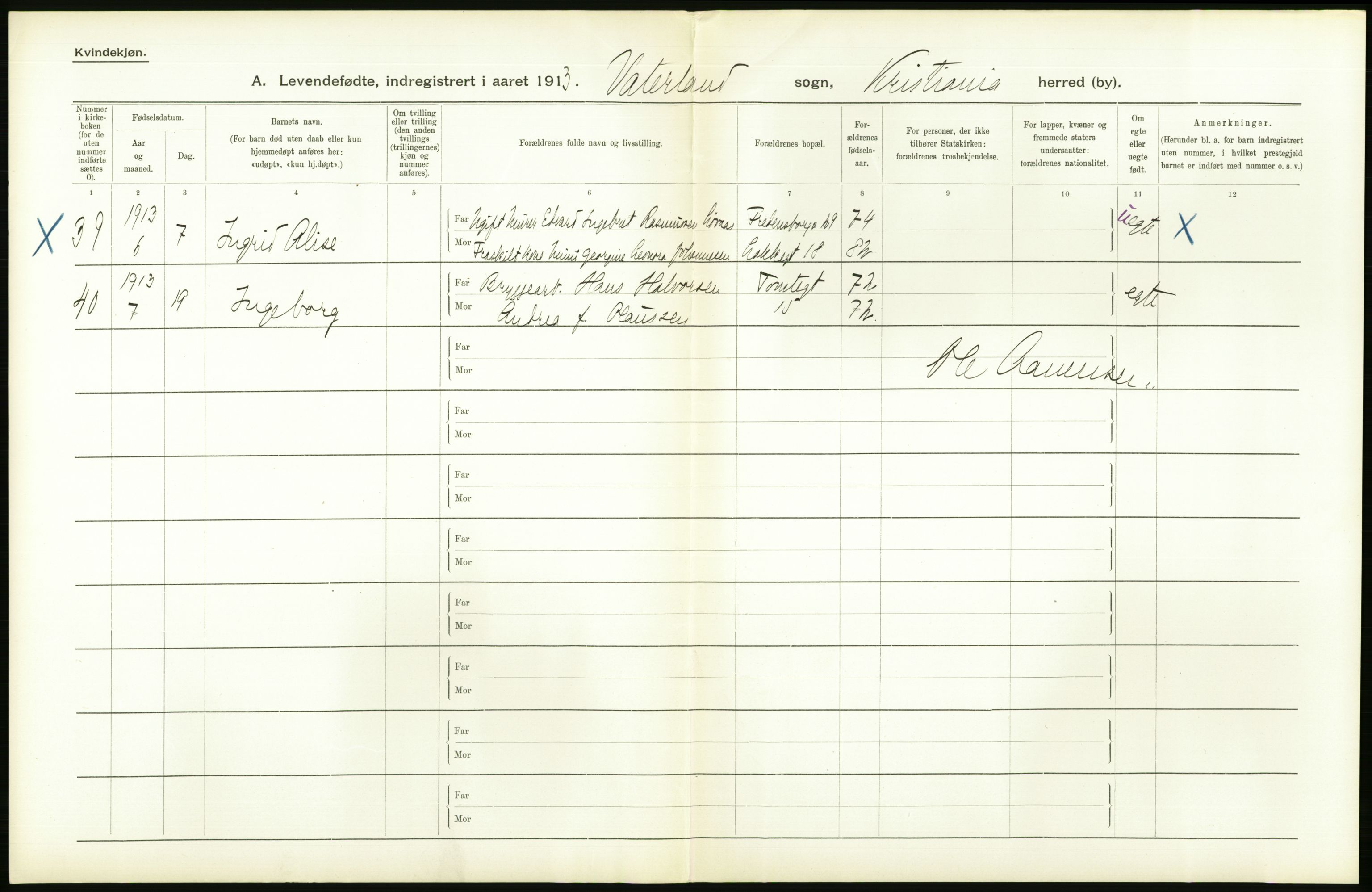 Statistisk sentralbyrå, Sosiodemografiske emner, Befolkning, RA/S-2228/D/Df/Dfb/Dfbc/L0007: Kristiania: Levendefødte menn og kvinner., 1913, p. 540