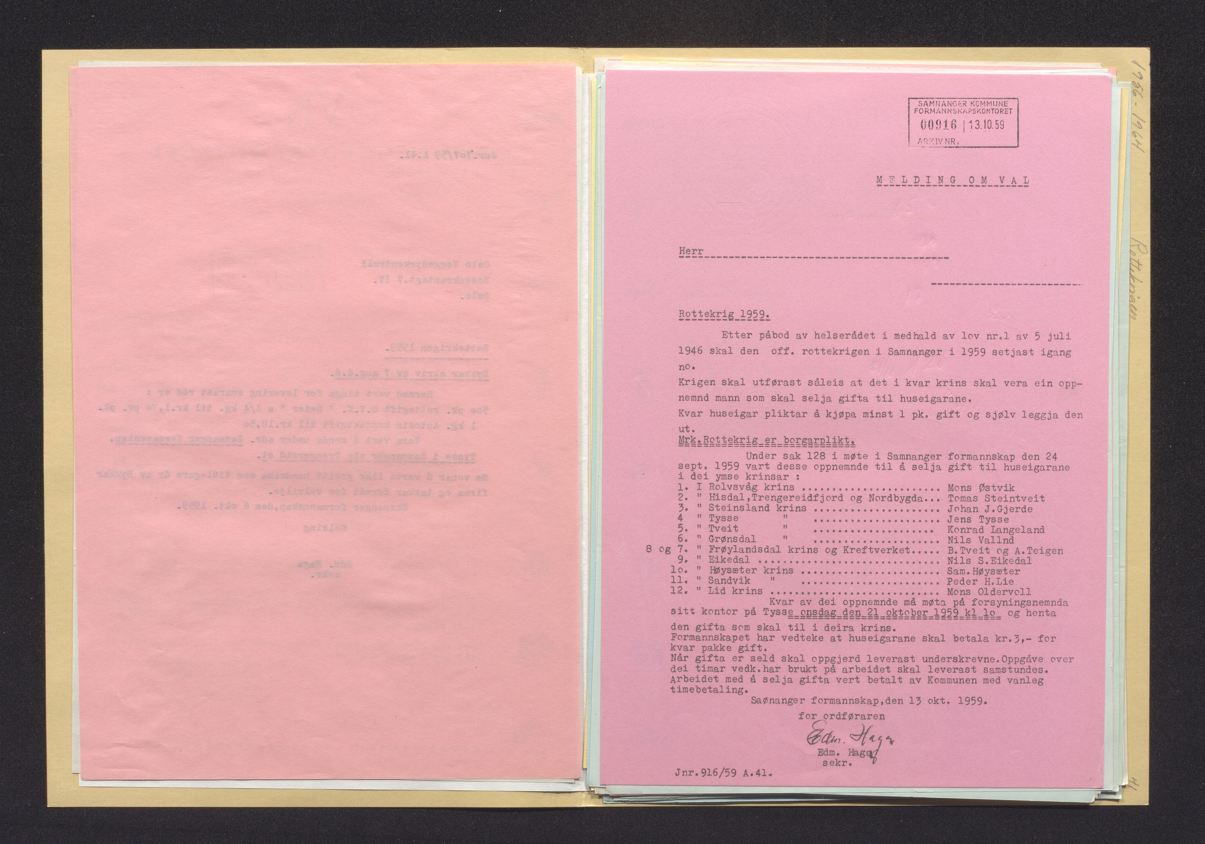 Samnanger kommune. Formannskapet, IKAH/1242-021/D/Dba/L0004/0004/0001: Sosial omsut, mor og heim, helsevern, ålment helsevern, helse- og næringsmiddelkontroll, helseinstitusjonar, bad, idrott, diverse / Helse- og næringsmiddelkontroll, 1956-1964