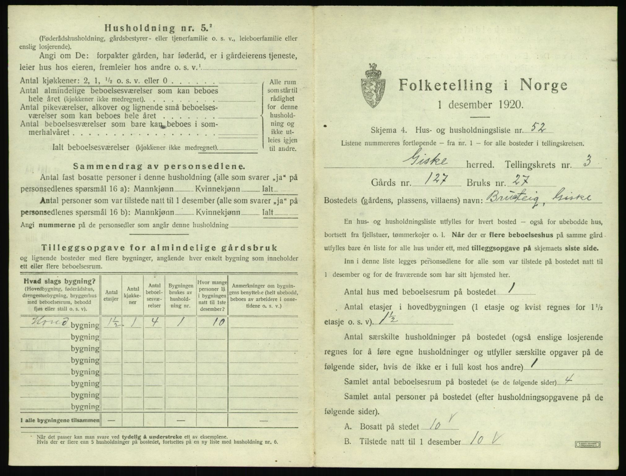 SAT, 1920 census for Giske, 1920, p. 270