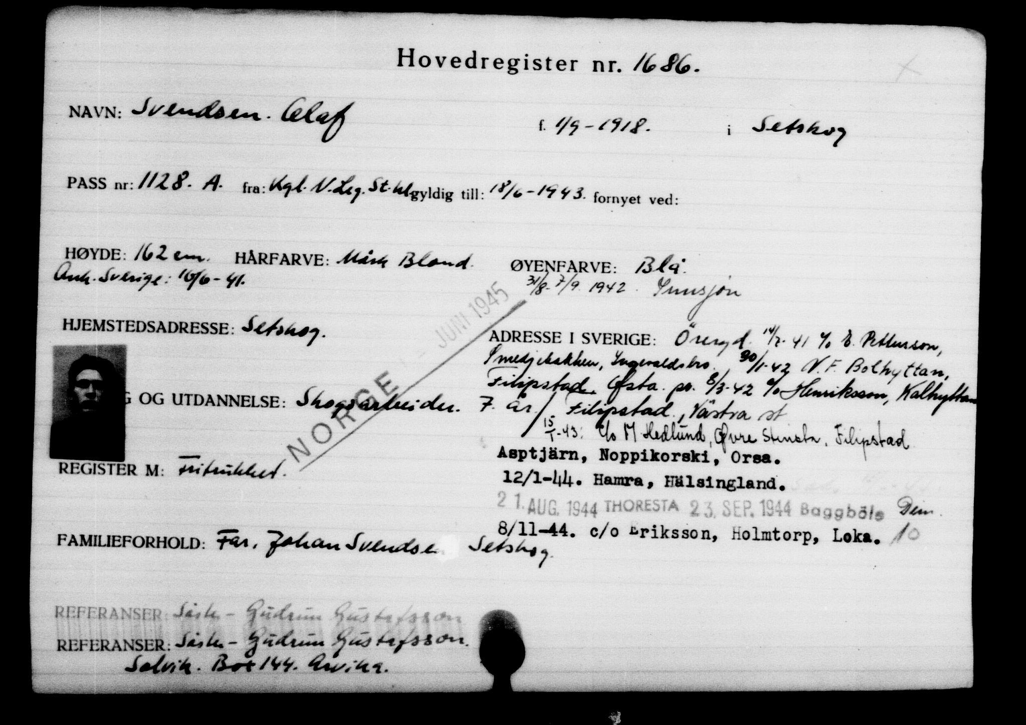 Den Kgl. Norske Legasjons Flyktningskontor, RA/S-6753/V/Va/L0002: Kjesäterkartoteket.  Flyktningenr. 1001-2000, 1940-1945, p. 970