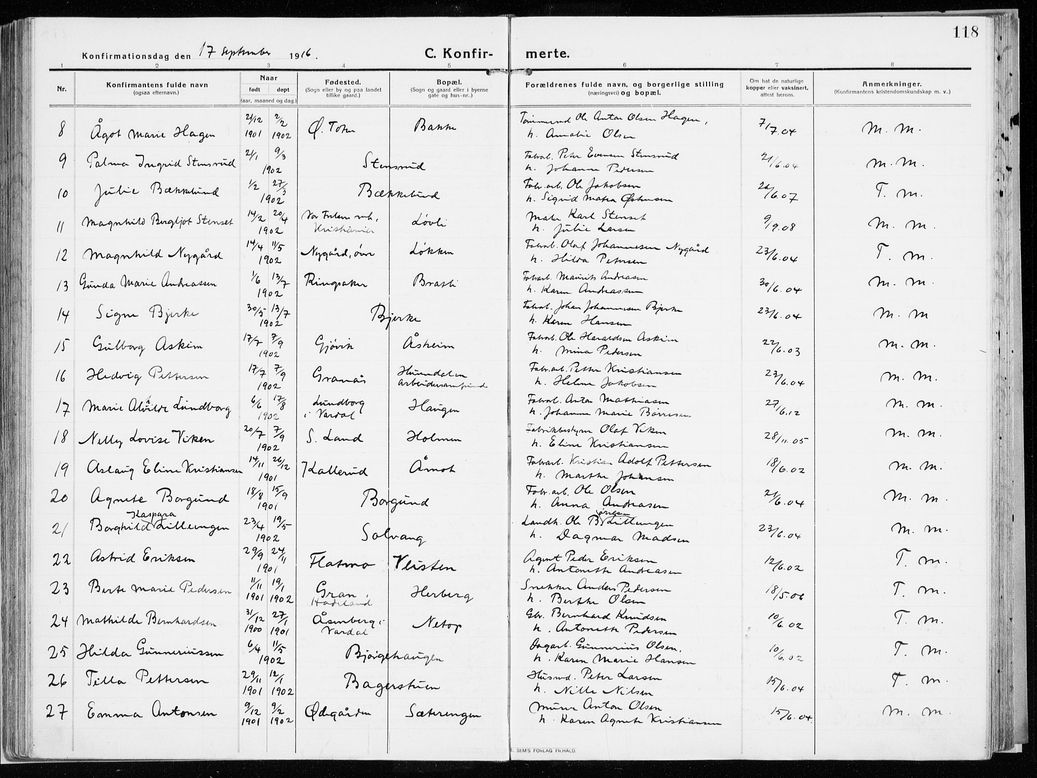 Vardal prestekontor, AV/SAH-PREST-100/H/Ha/Haa/L0017: Parish register (official) no. 17, 1915-1929, p. 118