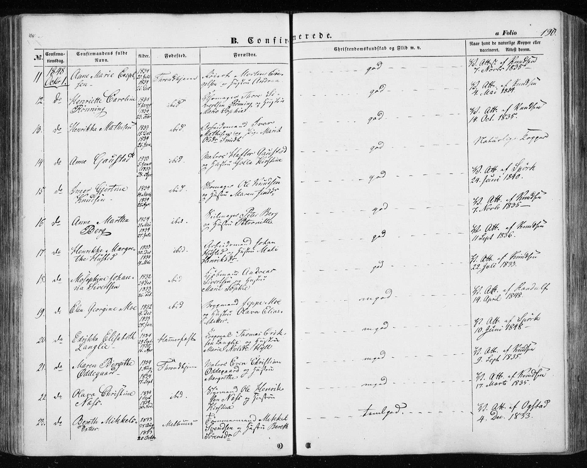Ministerialprotokoller, klokkerbøker og fødselsregistre - Sør-Trøndelag, SAT/A-1456/601/L0051: Parish register (official) no. 601A19, 1848-1857, p. 190