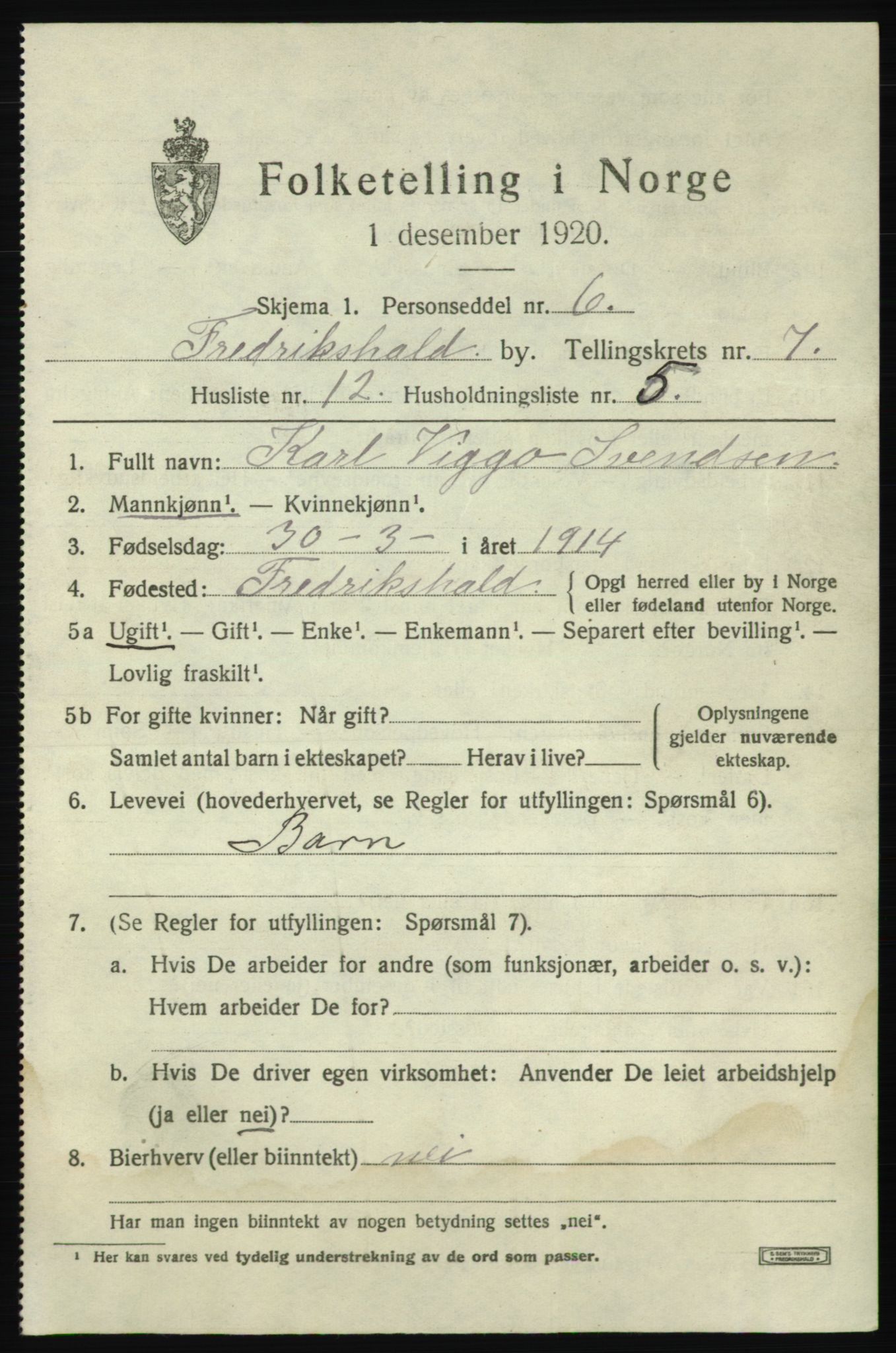 SAO, 1920 census for Fredrikshald, 1920, p. 14086