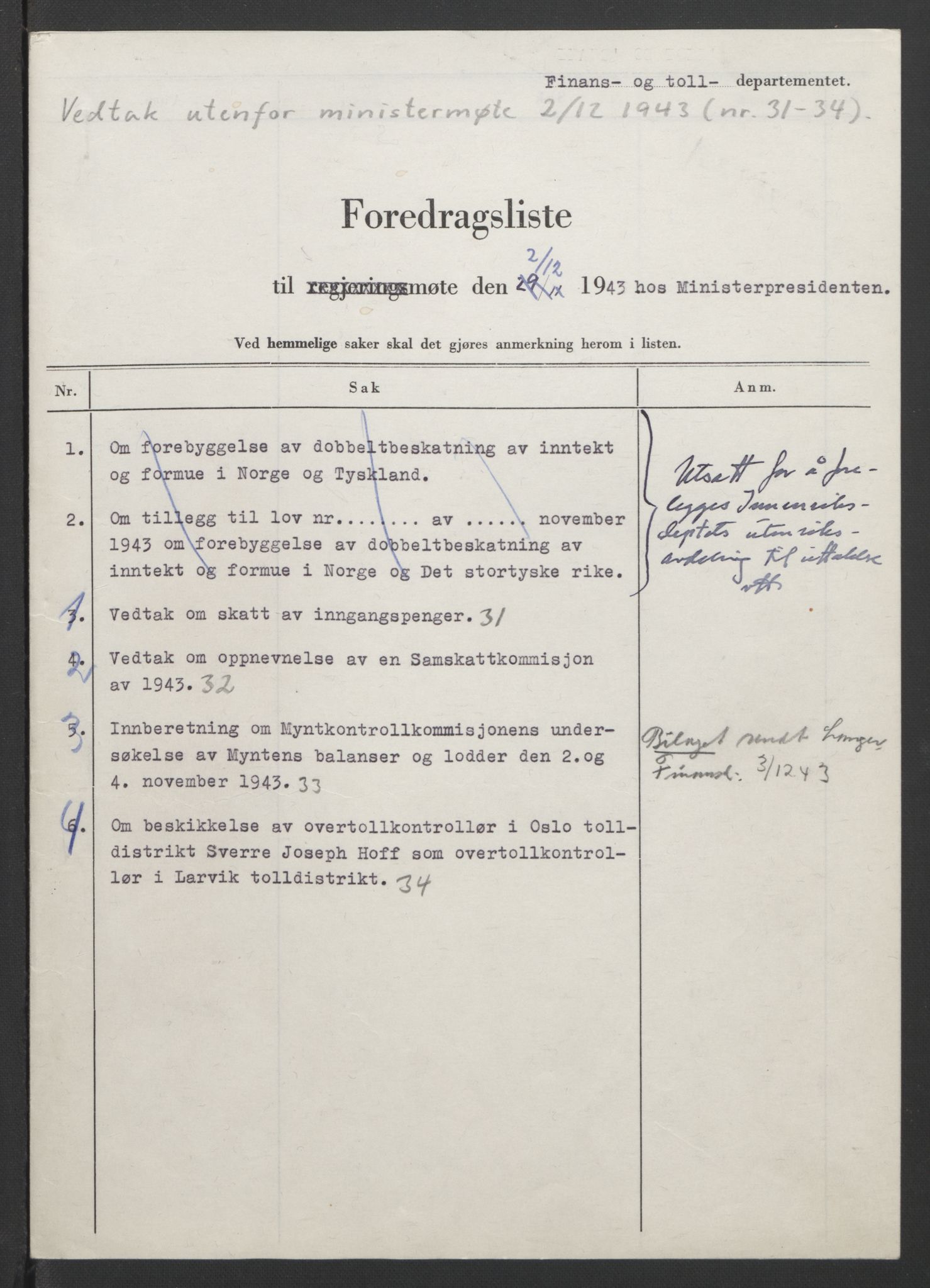 NS-administrasjonen 1940-1945 (Statsrådsekretariatet, de kommisariske statsråder mm), AV/RA-S-4279/D/Db/L0090: Foredrag til vedtak utenfor ministermøte, 1942-1945, p. 117