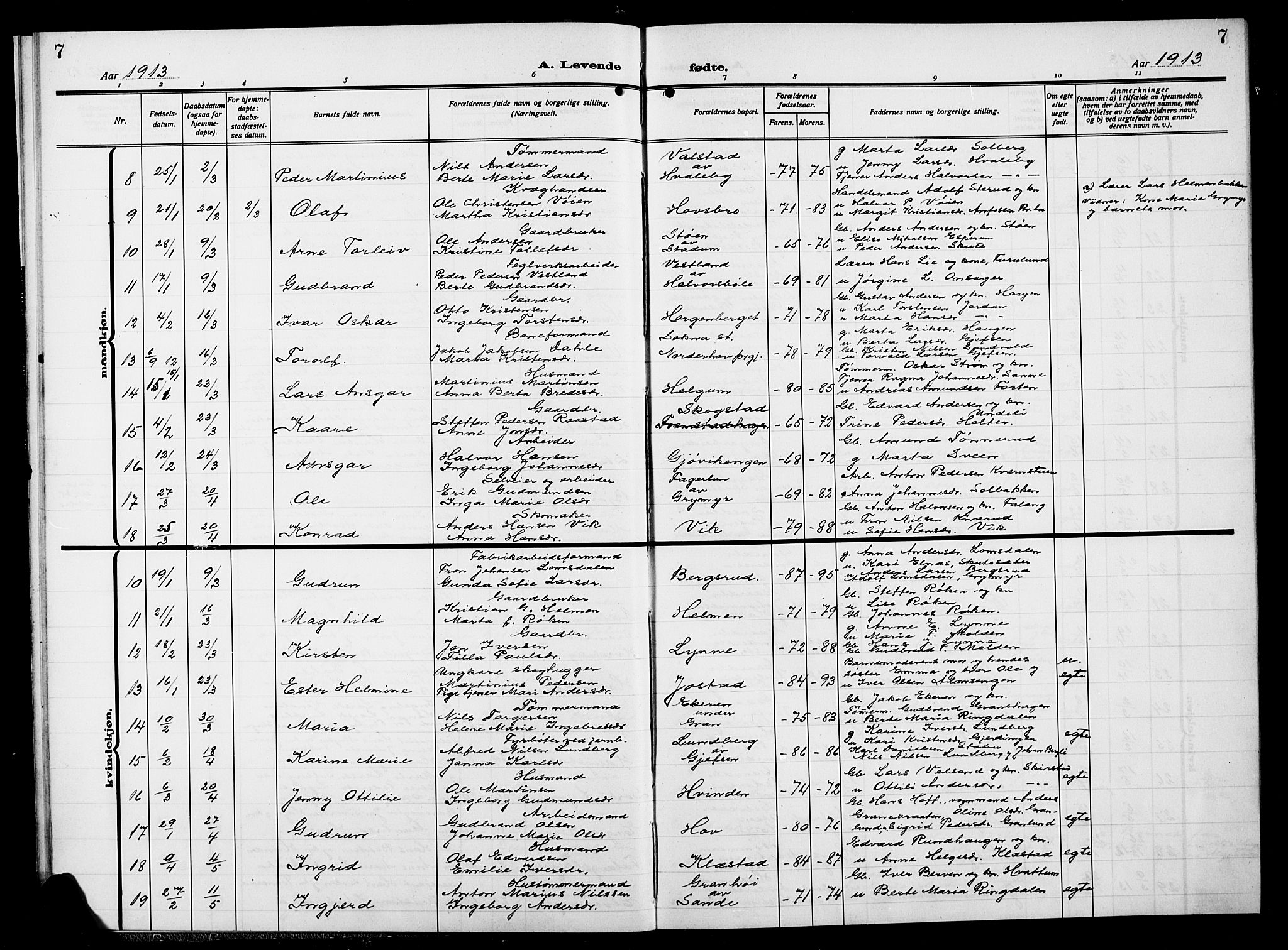 Gran prestekontor, AV/SAH-PREST-112/H/Ha/Hab/L0007: Parish register (copy) no. 7, 1912-1917, p. 7