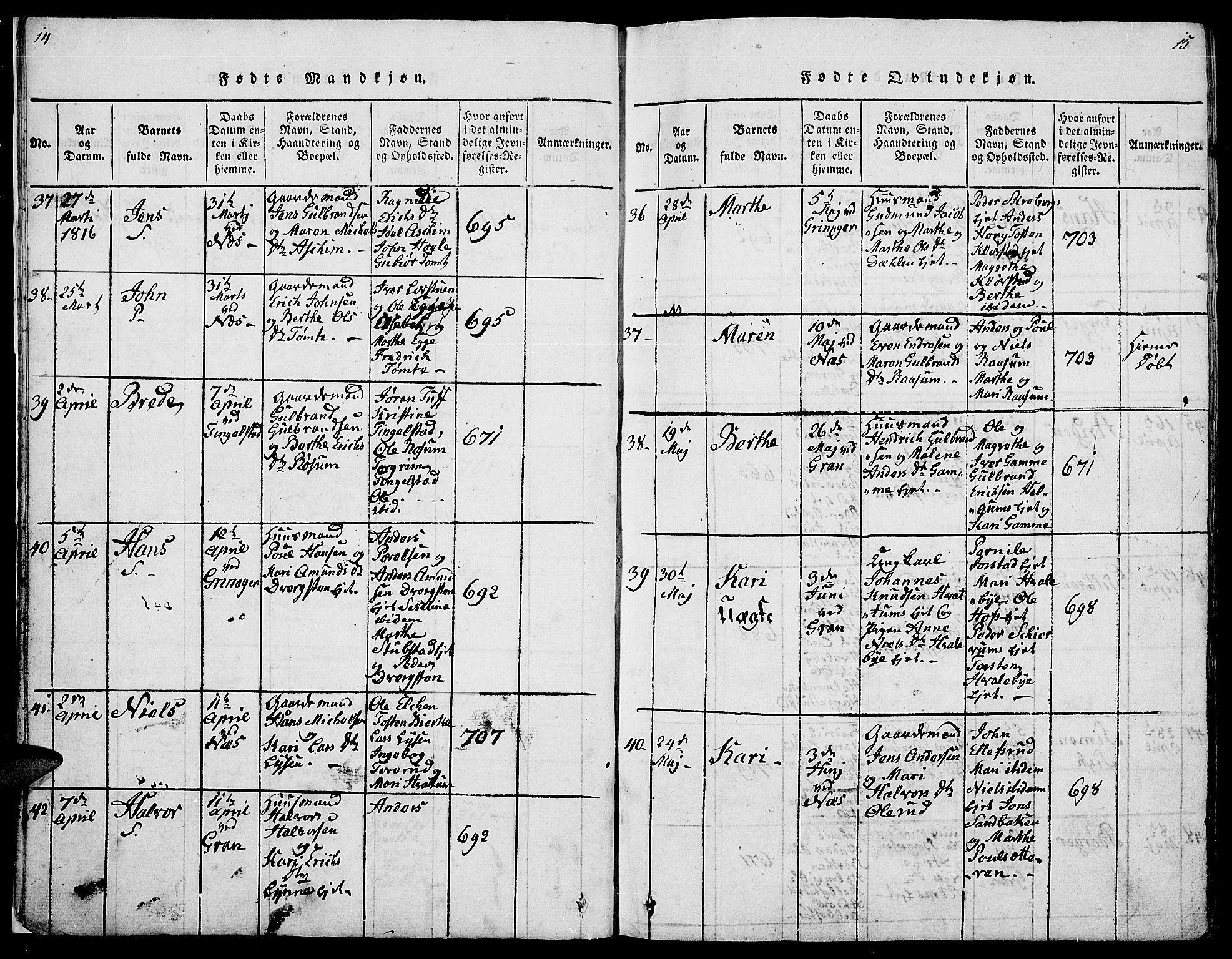 Gran prestekontor, AV/SAH-PREST-112/H/Ha/Hab/L0001: Parish register (copy) no. 1, 1815-1824, p. 14-15