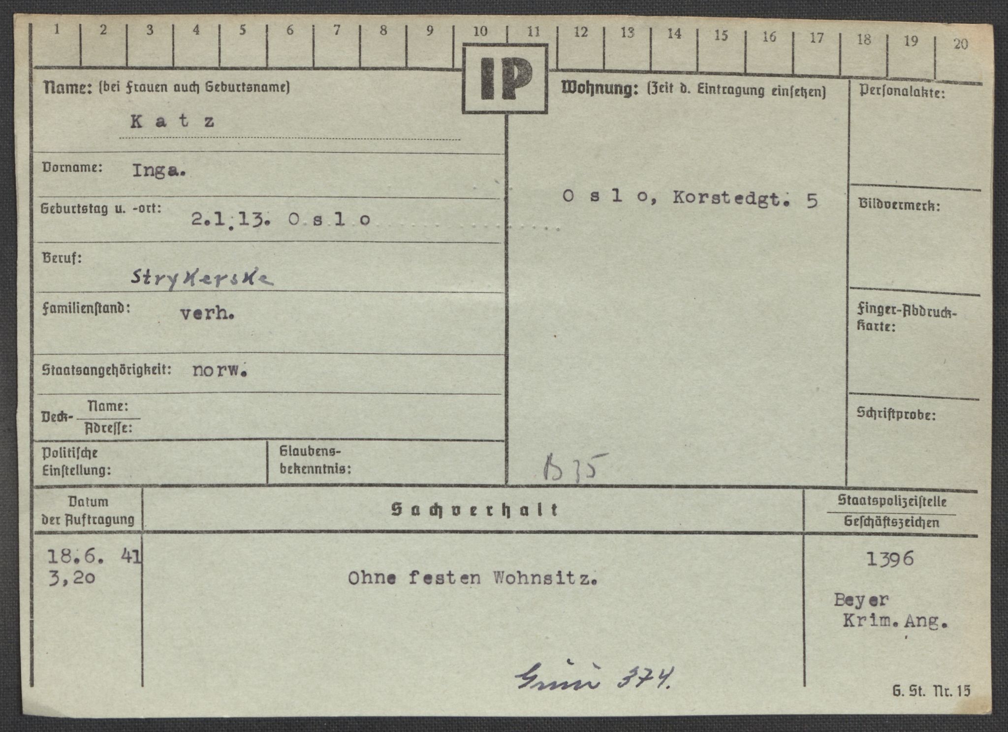 Befehlshaber der Sicherheitspolizei und des SD, AV/RA-RAFA-5969/E/Ea/Eaa/L0005: Register over norske fanger i Møllergata 19: Hø-Kj, 1940-1945, p. 1305