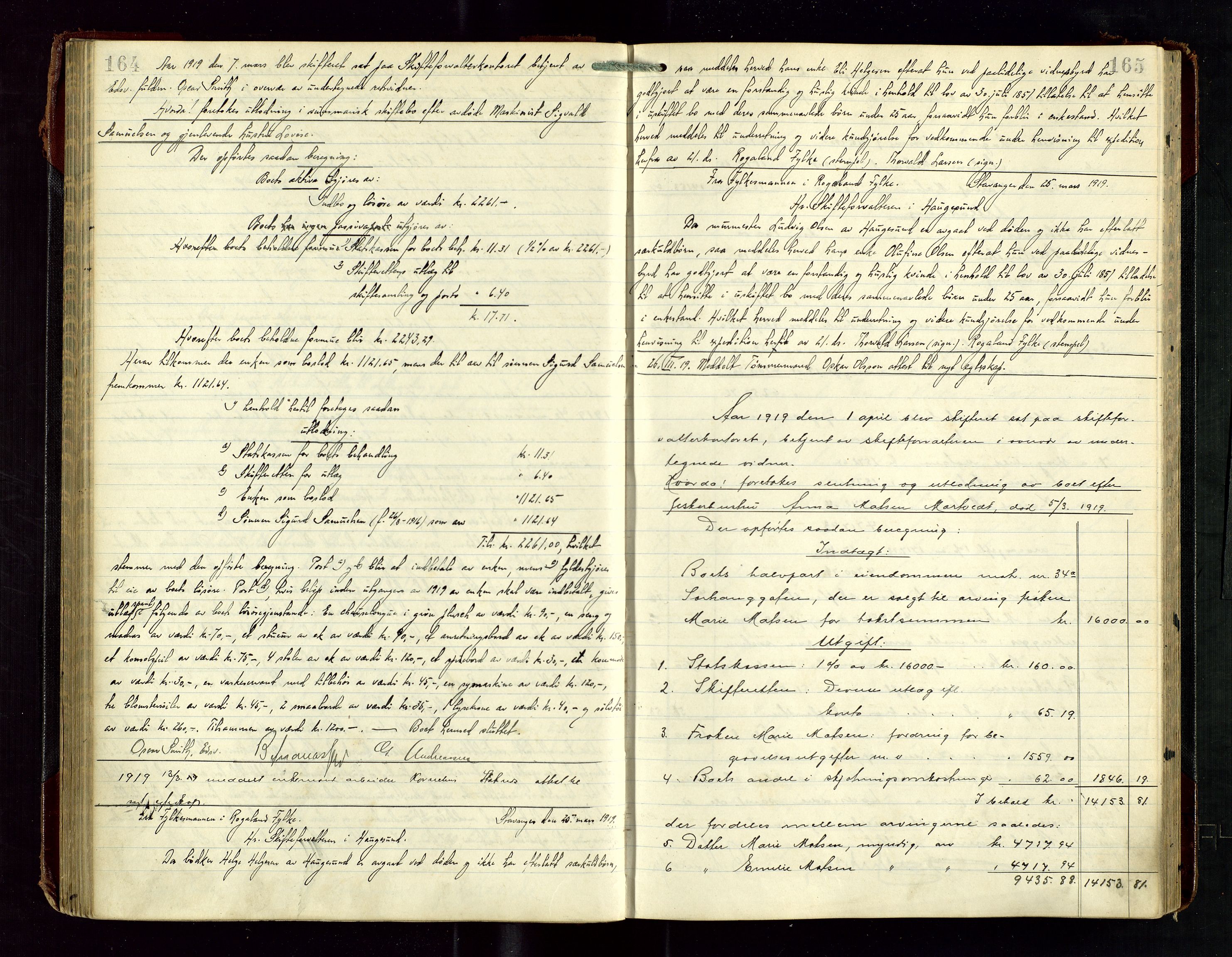 Haugesund tingrett, SAST/A-101415/01/IV/IVD/L0003: Skifteutlodningsprotokoll, med register, 1915-1924, p. 164-165