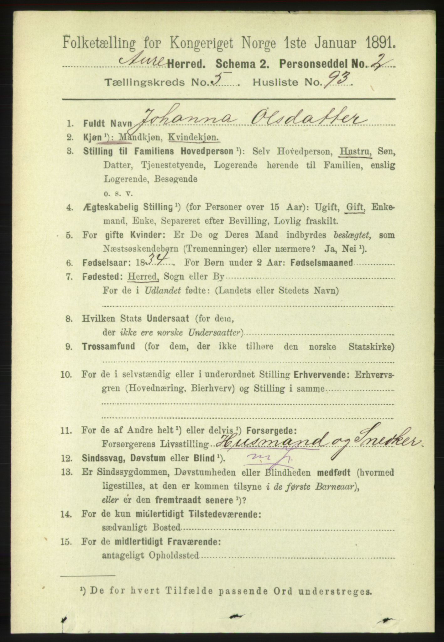 RA, 1891 census for 1569 Aure, 1891, p. 3299