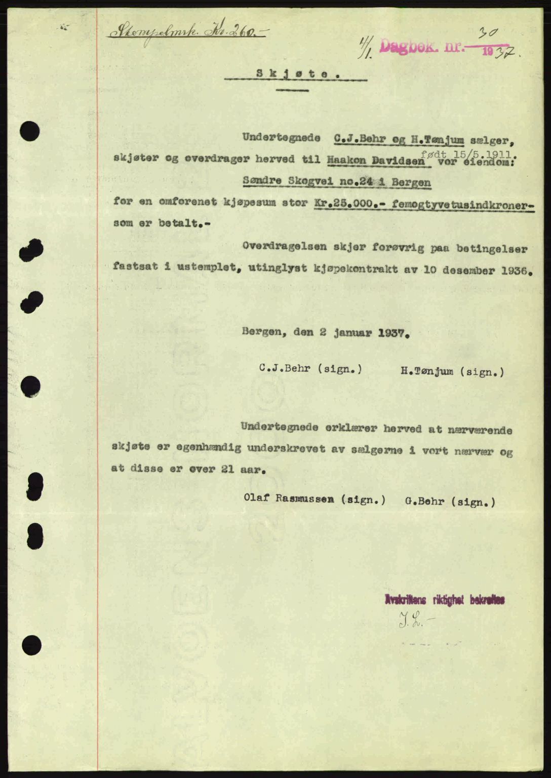 Byfogd og Byskriver i Bergen, SAB/A-3401/03/03Bc/L0004: Mortgage book no. A3-4, 1936-1937, Diary no: : 30/1937