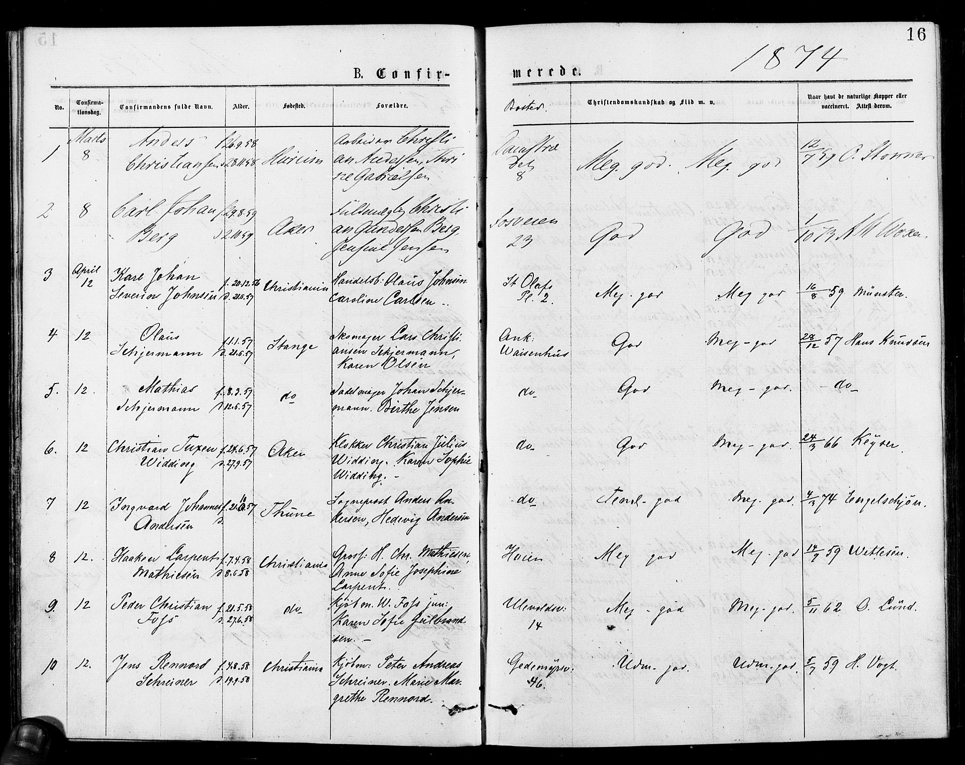 Gamle Aker prestekontor Kirkebøker, AV/SAO-A-10617a/F/L0005: Parish register (official) no. 5, 1873-1881, p. 16