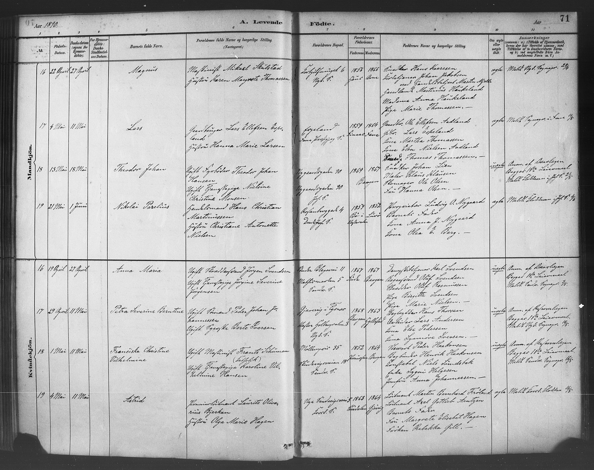 Fødselsstiftelsens sokneprestembete*, SAB/-: Parish register (official) no. A 2, 1884-1900, p. 71