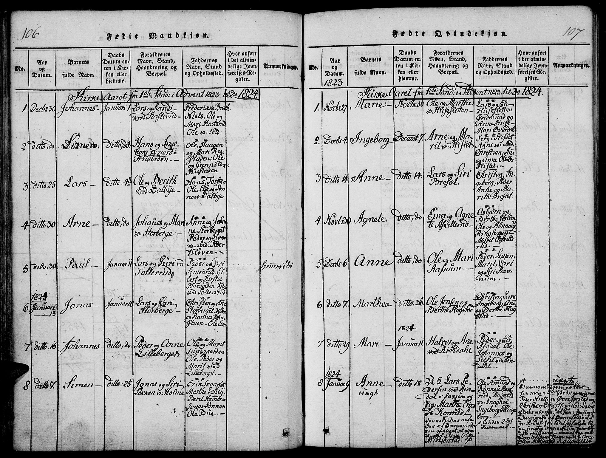 Fåberg prestekontor, AV/SAH-PREST-086/H/Ha/Haa/L0003: Parish register (official) no. 3, 1818-1833, p. 106-107