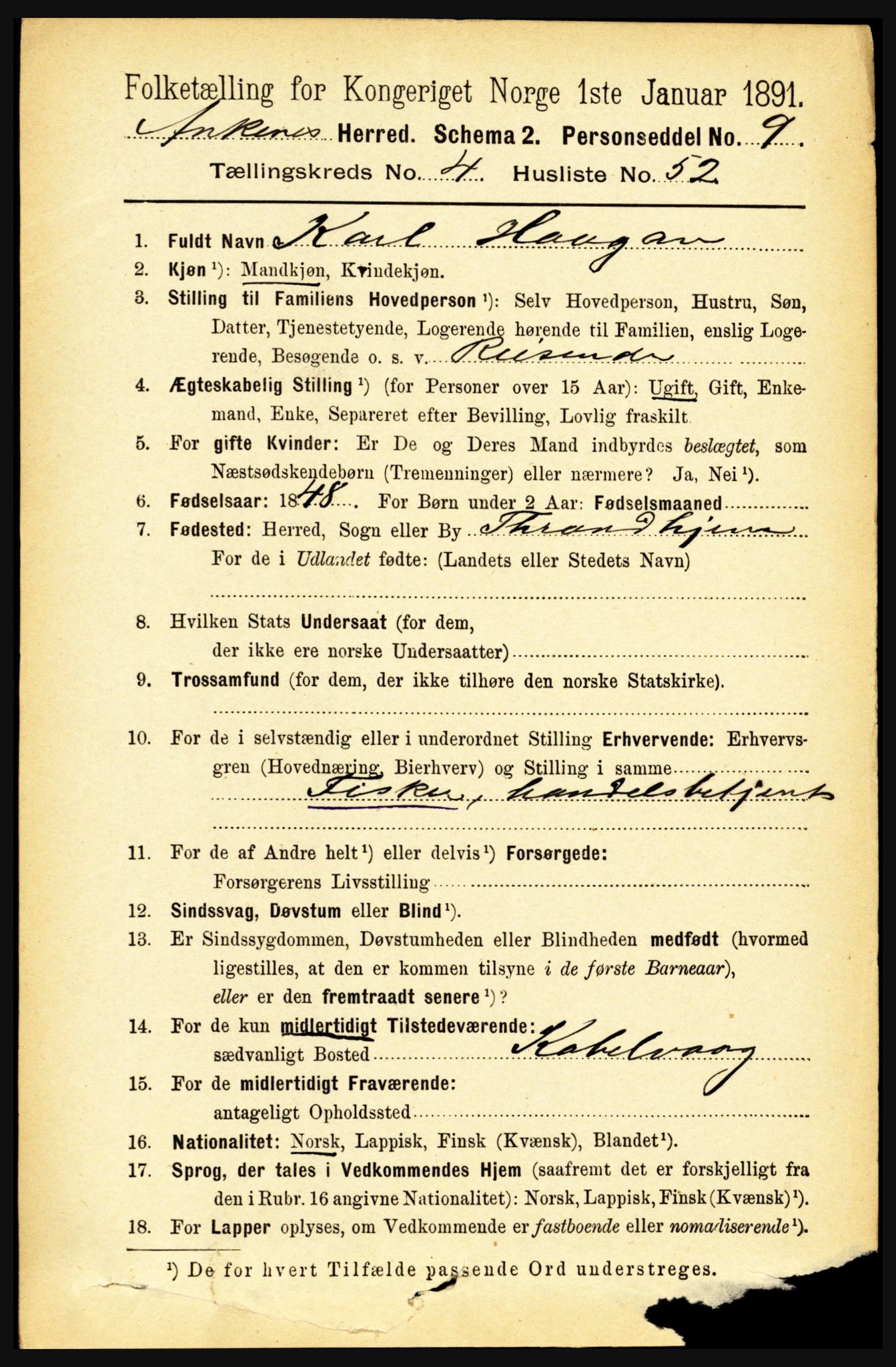 RA, 1891 census for 1855 Ankenes, 1891, p. 2666