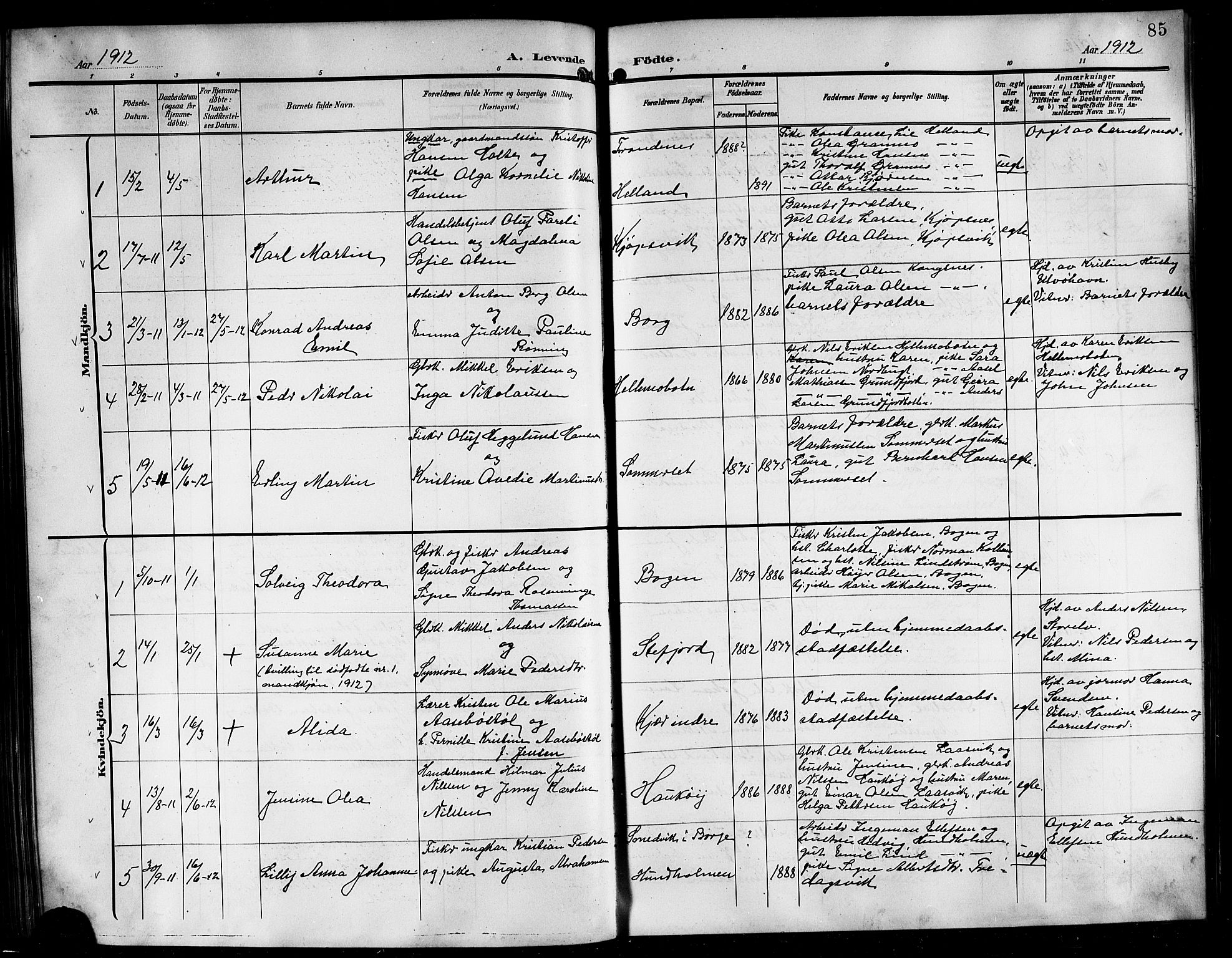 Ministerialprotokoller, klokkerbøker og fødselsregistre - Nordland, AV/SAT-A-1459/861/L0877: Parish register (copy) no. 861C03, 1903-1919, p. 85