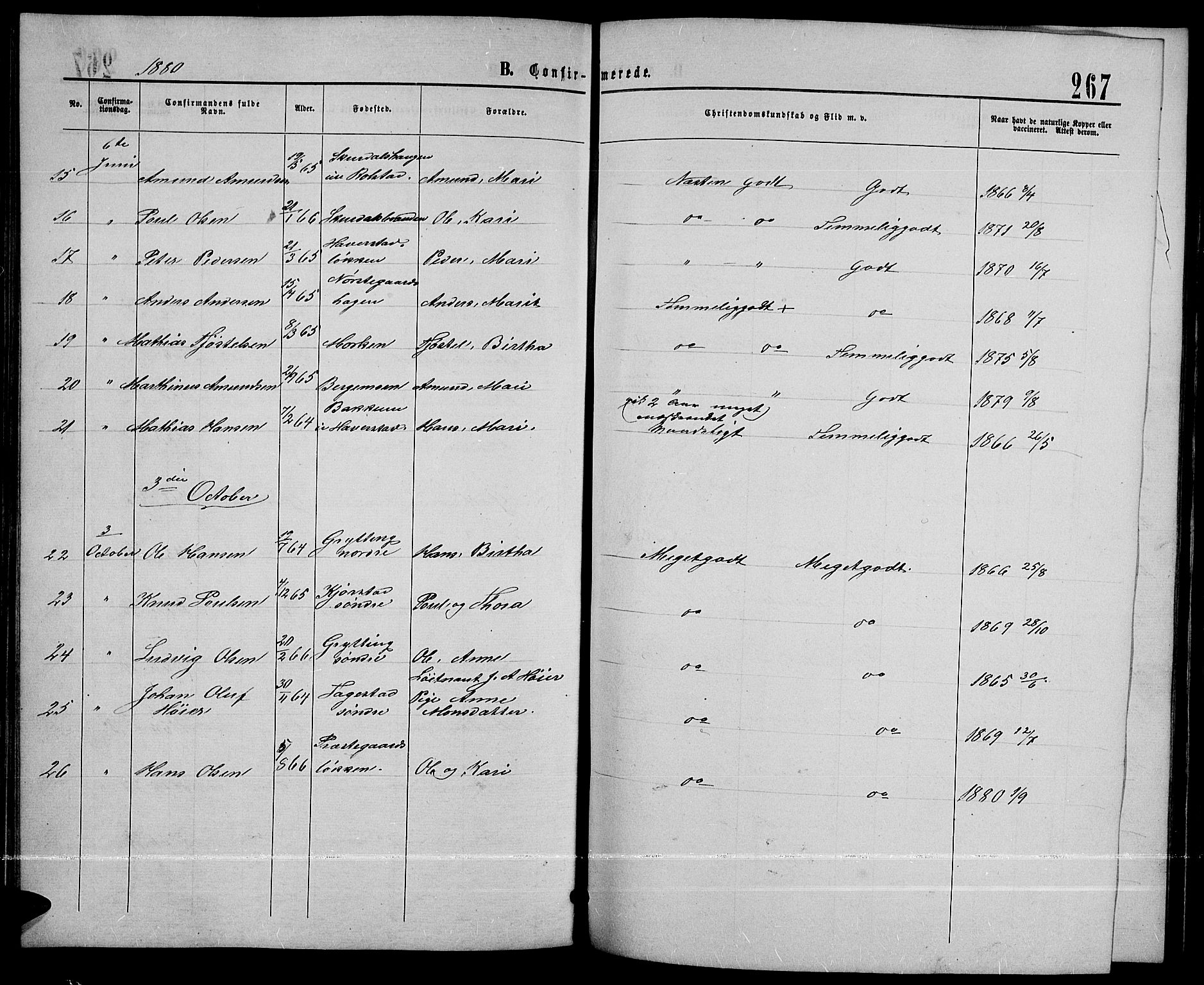 Sør-Fron prestekontor, SAH/PREST-010/H/Ha/Hab/L0002: Parish register (copy) no. 2, 1864-1883, p. 267