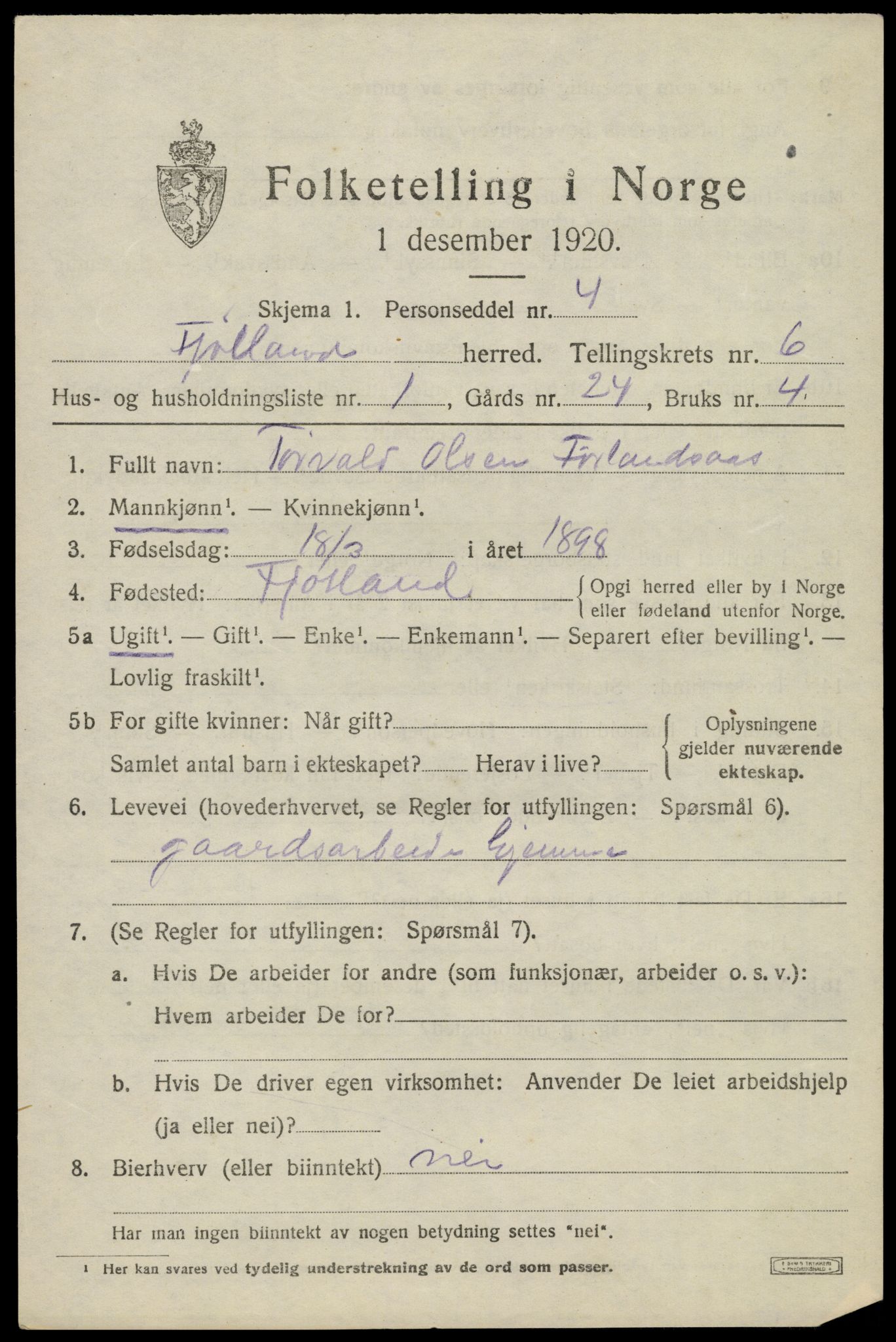 SAK, 1920 census for Fjotland, 1920, p. 1612