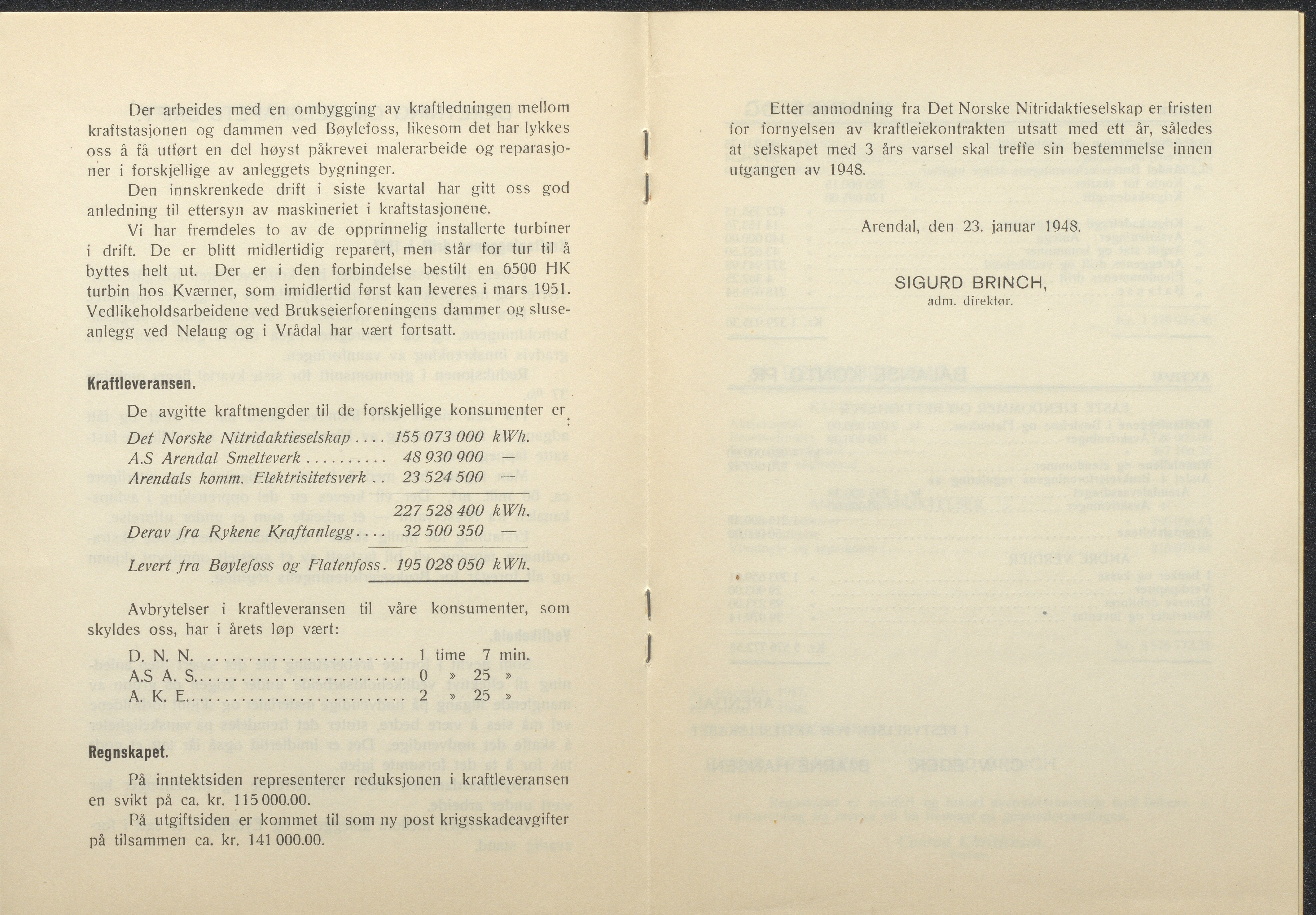 Arendals Fossekompani, AAKS/PA-2413/X/X01/L0001/0012: Beretninger, regnskap, balansekonto, gevinst- og tapskonto / Beretning, regnskap 1945 - 1962, 1945-1962, p. 16