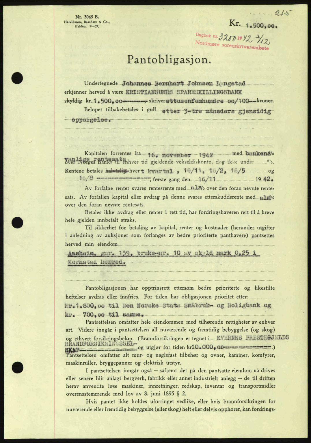 Nordmøre sorenskriveri, AV/SAT-A-4132/1/2/2Ca: Mortgage book no. B90, 1942-1943, Diary no: : 3200/1942