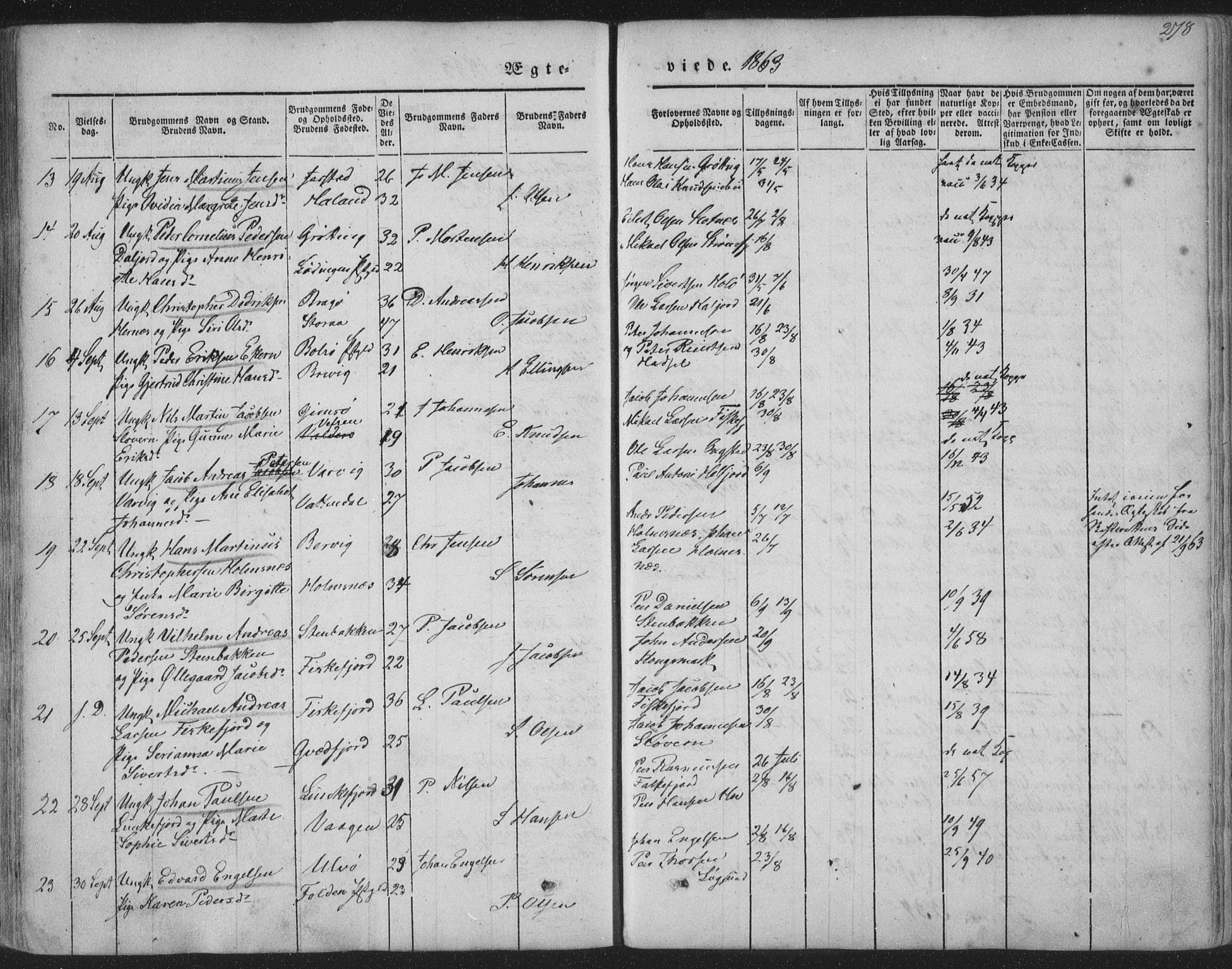 Ministerialprotokoller, klokkerbøker og fødselsregistre - Nordland, AV/SAT-A-1459/888/L1241: Parish register (official) no. 888A07, 1849-1869, p. 278