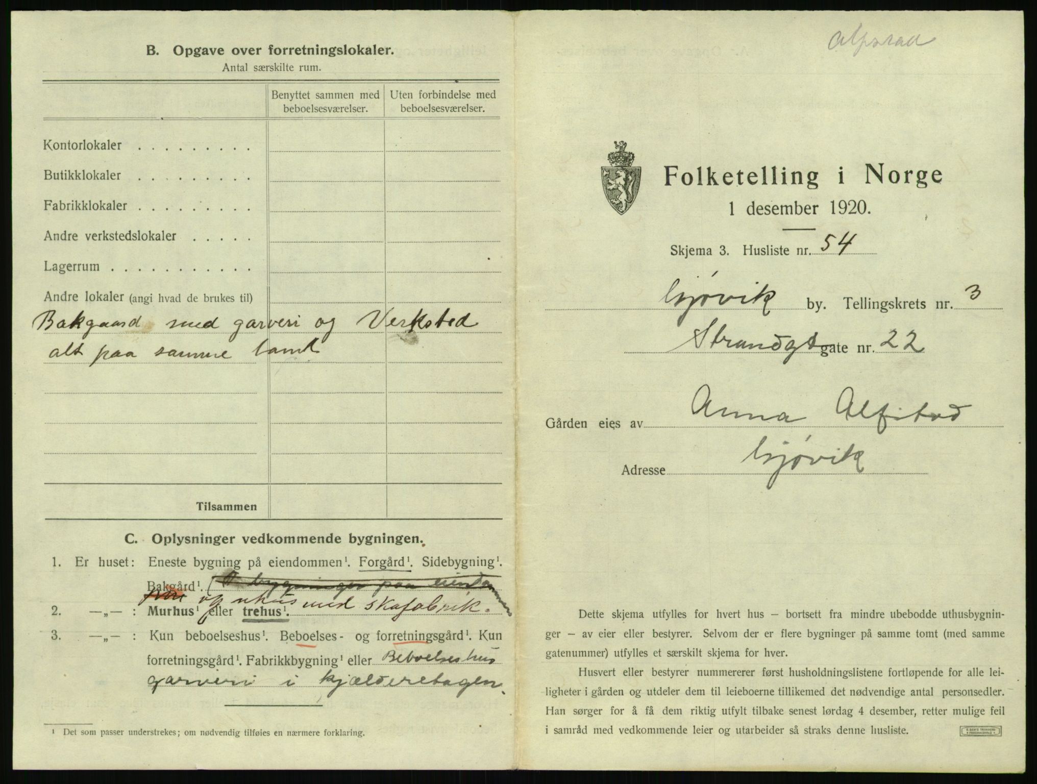 SAH, 1920 census for Gjøvik, 1920, p. 380
