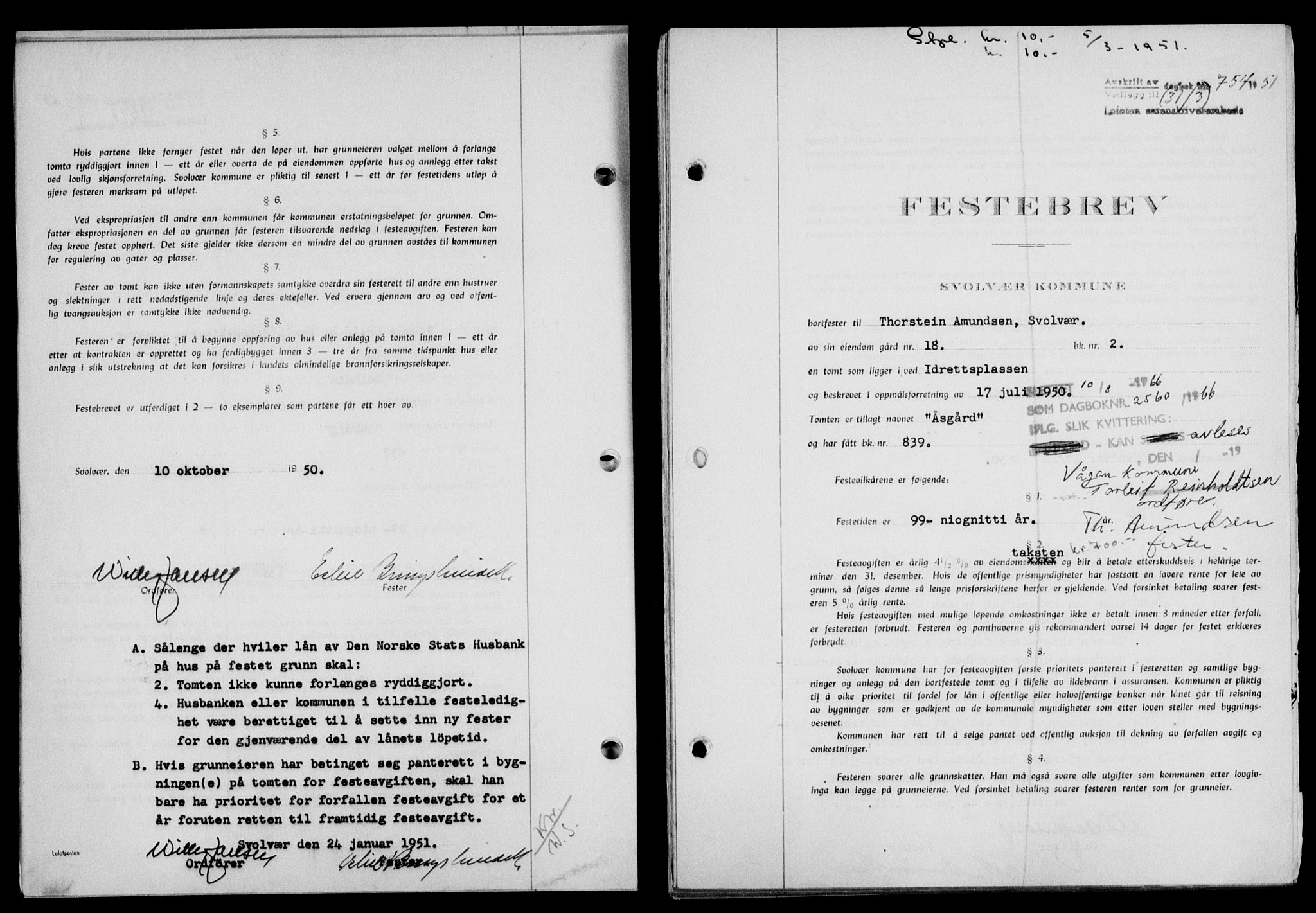 Lofoten sorenskriveri, SAT/A-0017/1/2/2C/L0025a: Mortgage book no. 25a, 1950-1951, Diary no: : 754/1951