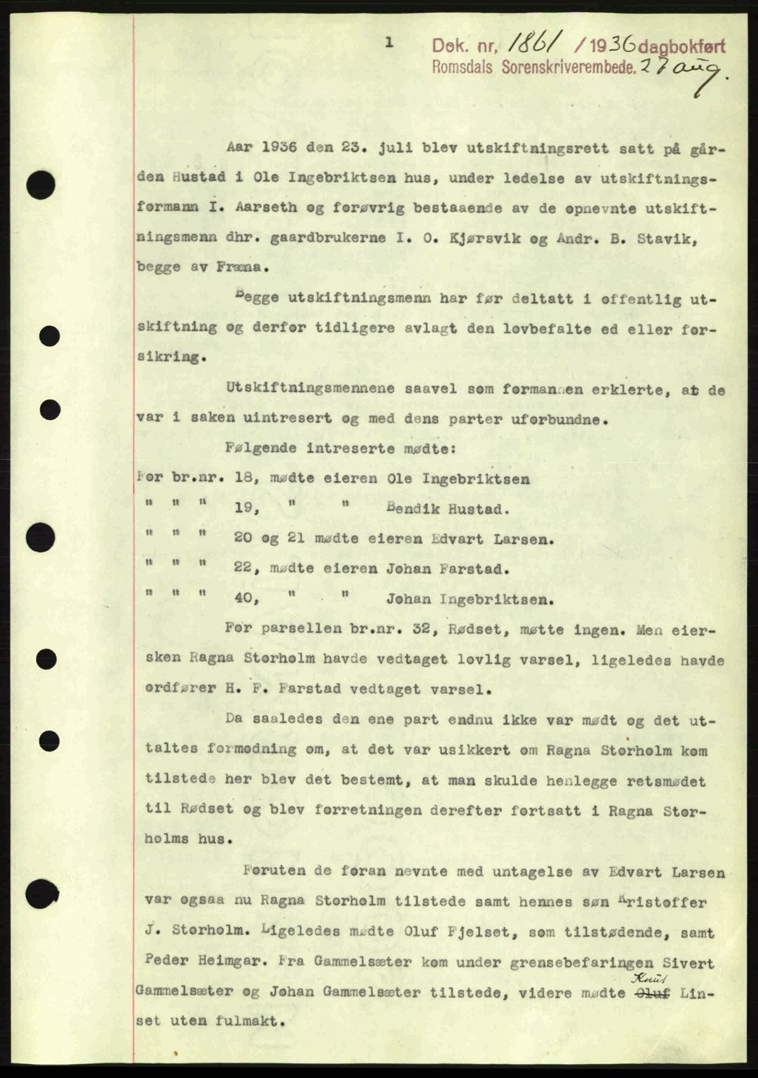 Romsdal sorenskriveri, AV/SAT-A-4149/1/2/2C: Mortgage book no. A1, 1936-1936, Diary no: : 1861/1936