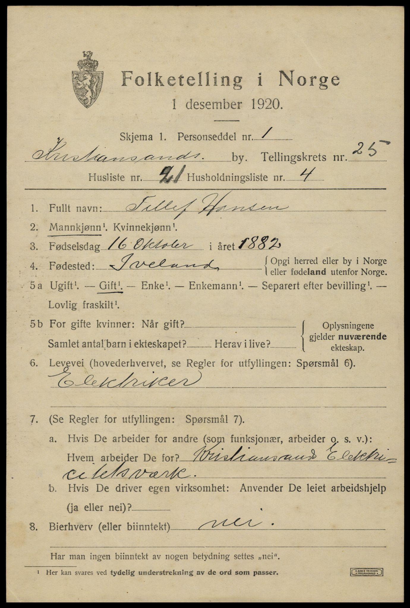 SAK, 1920 census for Kristiansand, 1920, p. 44029