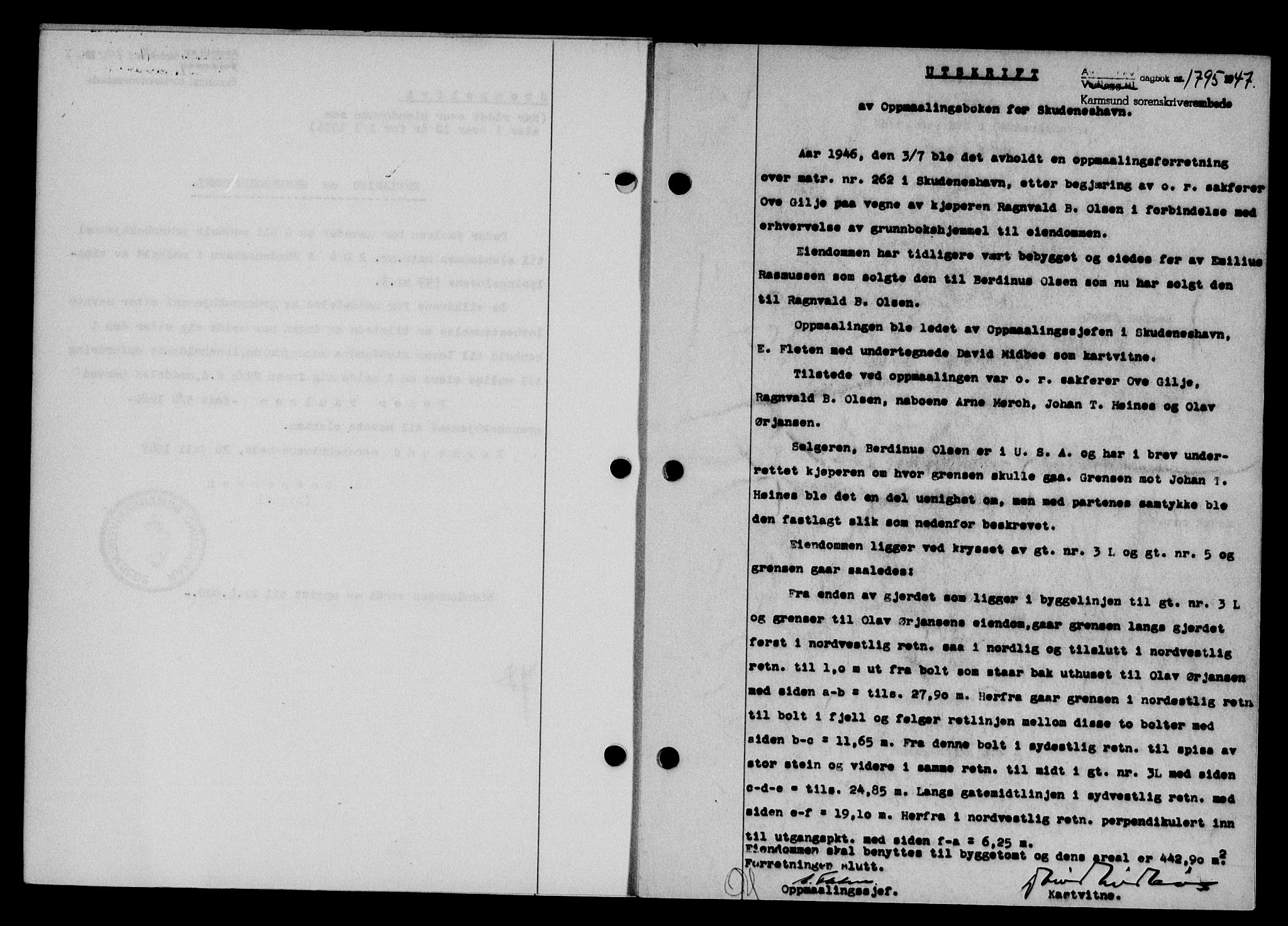 Karmsund sorenskriveri, SAST/A-100311/01/II/IIB/L0090: Mortgage book no. 70A, 1947-1947, Diary no: : 1795/1947