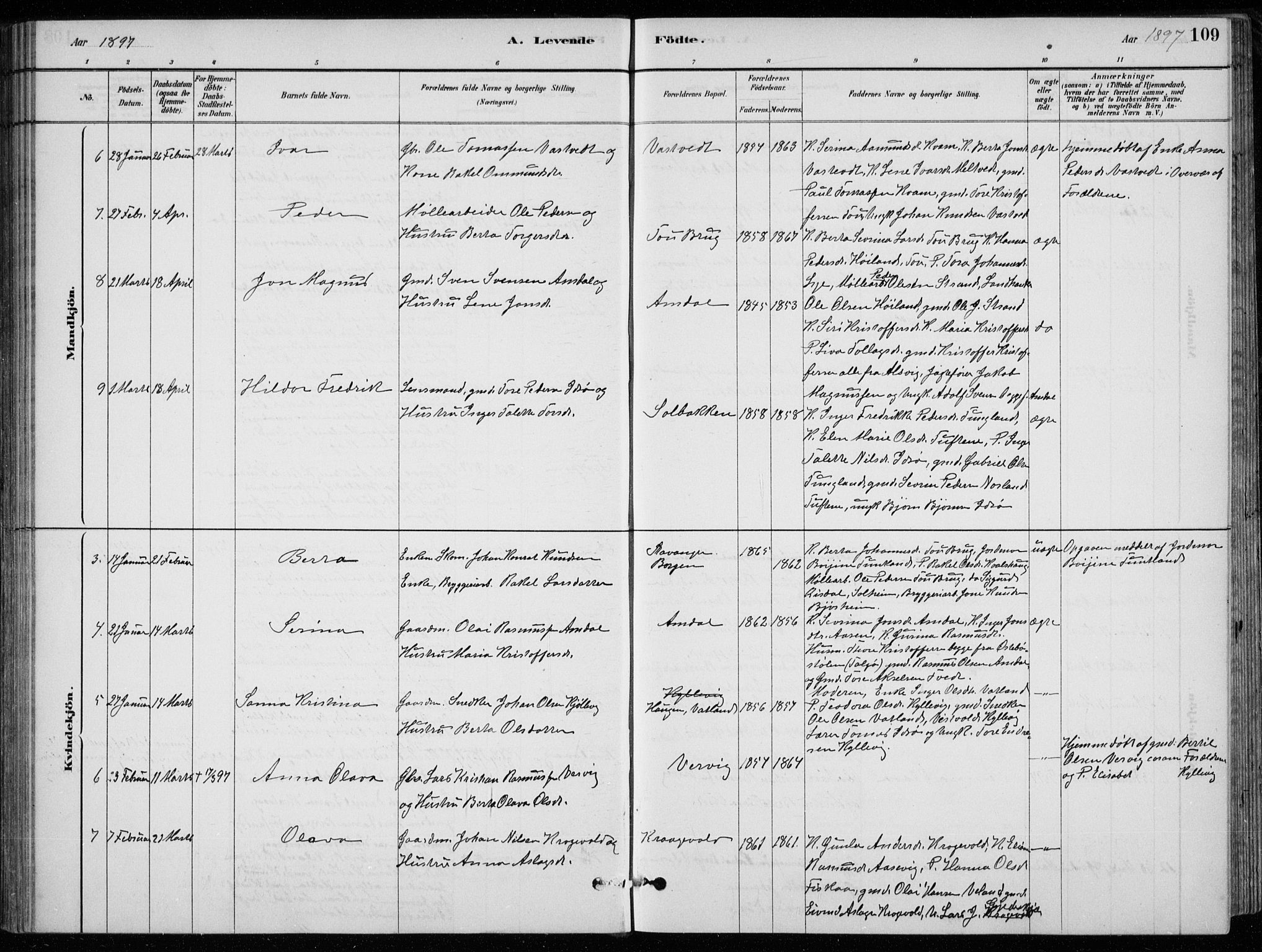 Strand sokneprestkontor, AV/SAST-A-101828/H/Ha/Hab/L0004: Parish register (copy) no. B 4, 1878-1903, p. 109