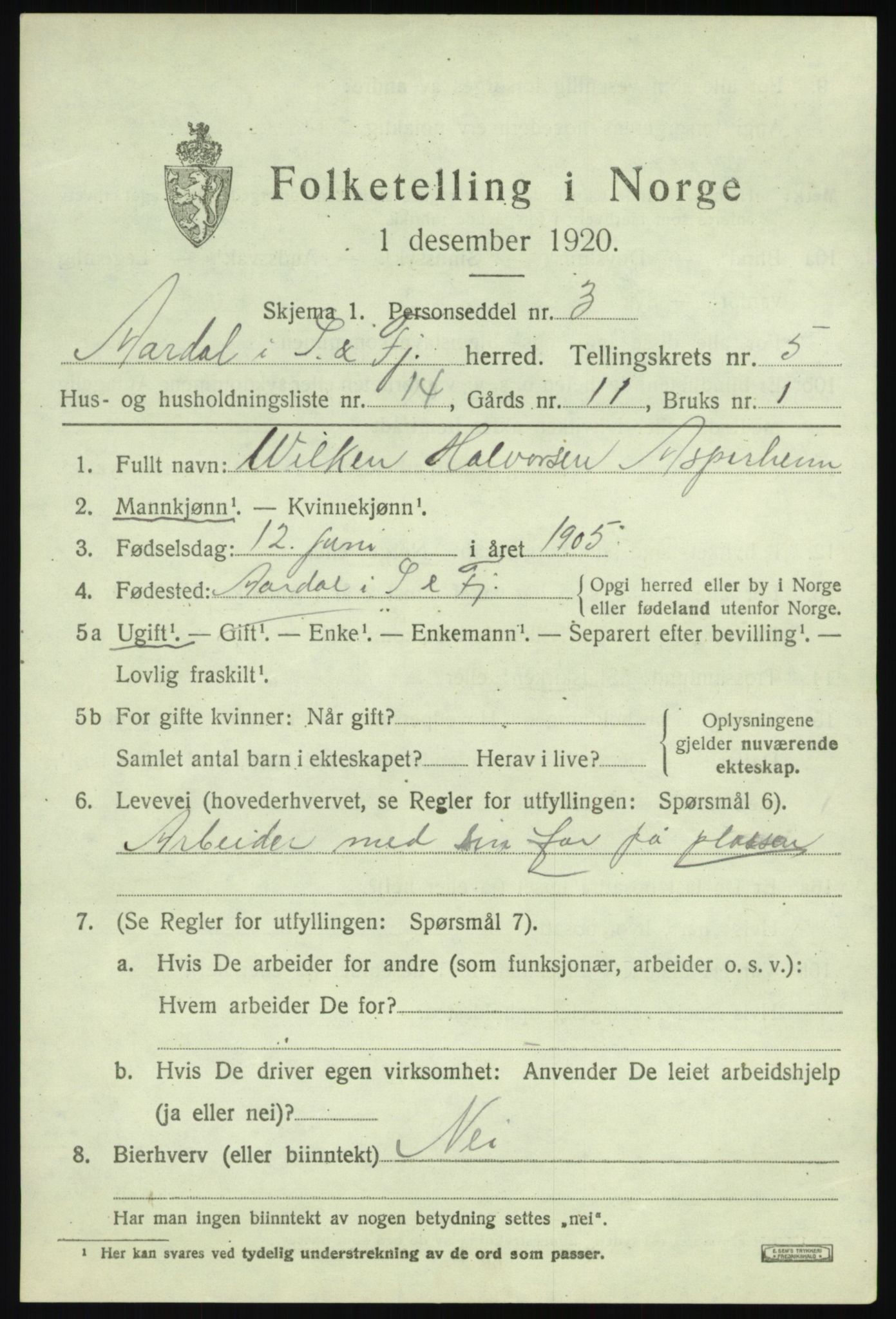 SAB, 1920 census for Årdal, 1920, p. 2965