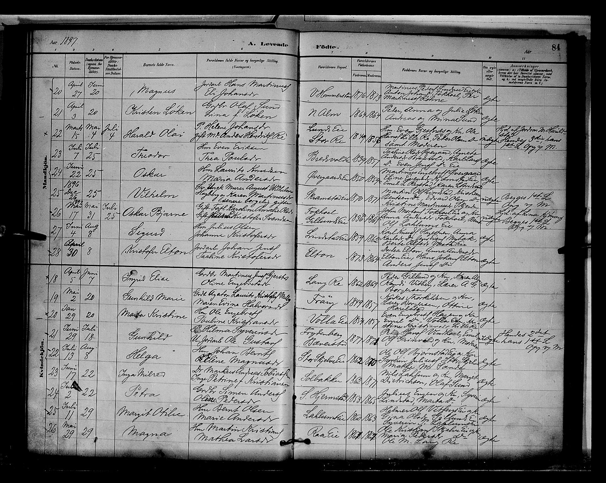 Stange prestekontor, AV/SAH-PREST-002/L/L0009: Parish register (copy) no. 9, 1883-1899, p. 84