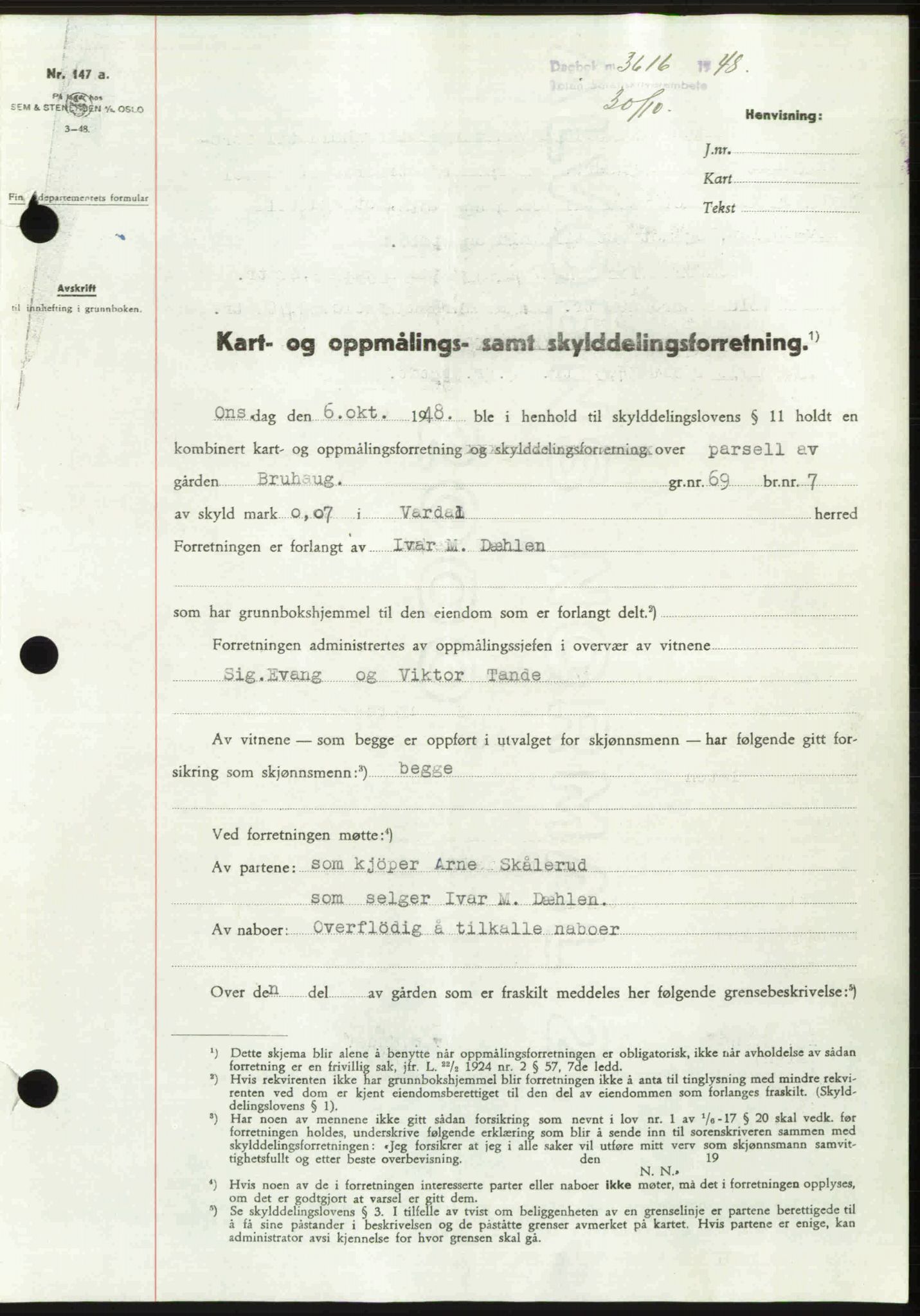 Toten tingrett, SAH/TING-006/H/Hb/Hbc/L0020: Mortgage book no. Hbc-20, 1948-1948, Diary no: : 3616/1948