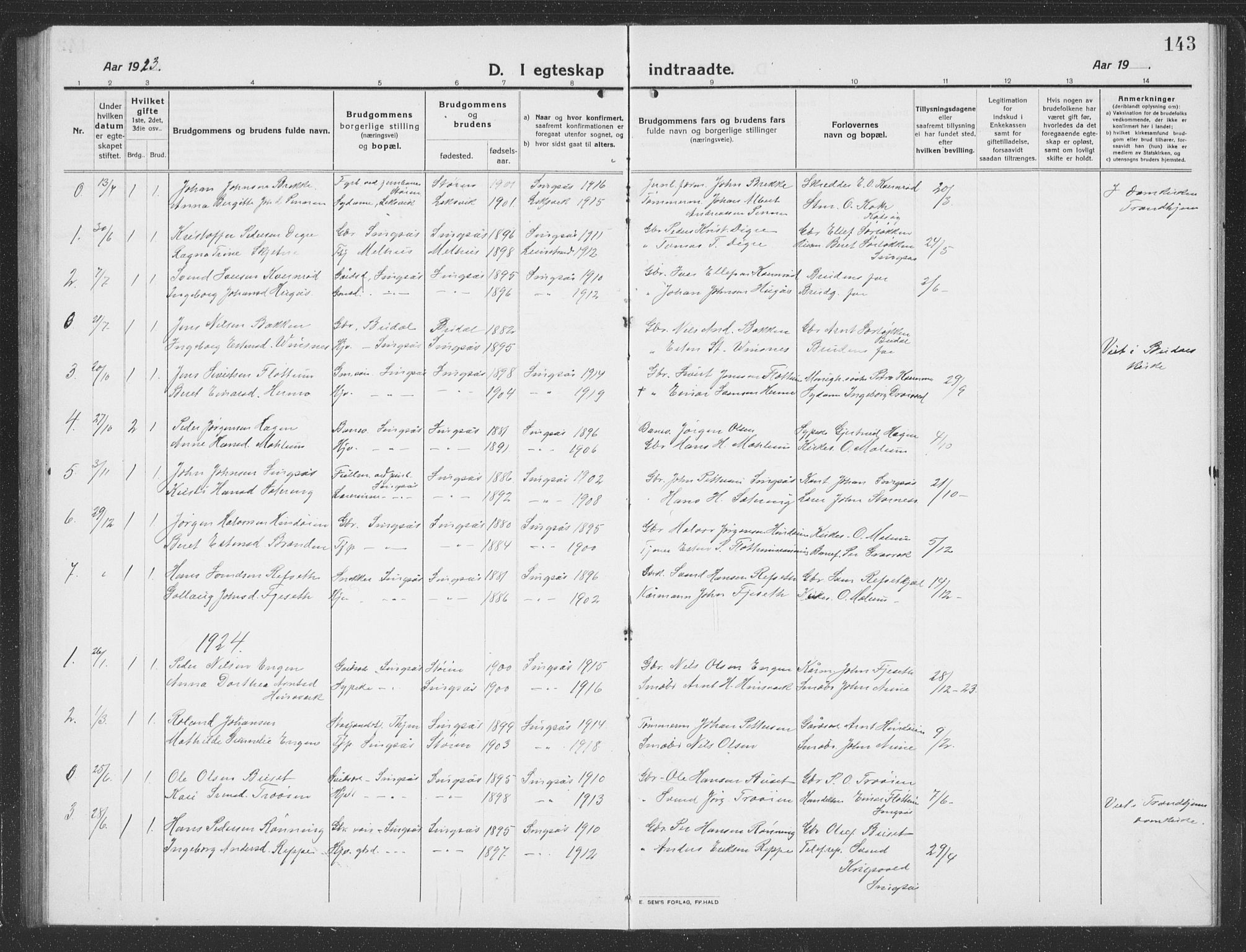 Ministerialprotokoller, klokkerbøker og fødselsregistre - Sør-Trøndelag, SAT/A-1456/688/L1030: Parish register (copy) no. 688C05, 1916-1939, p. 143