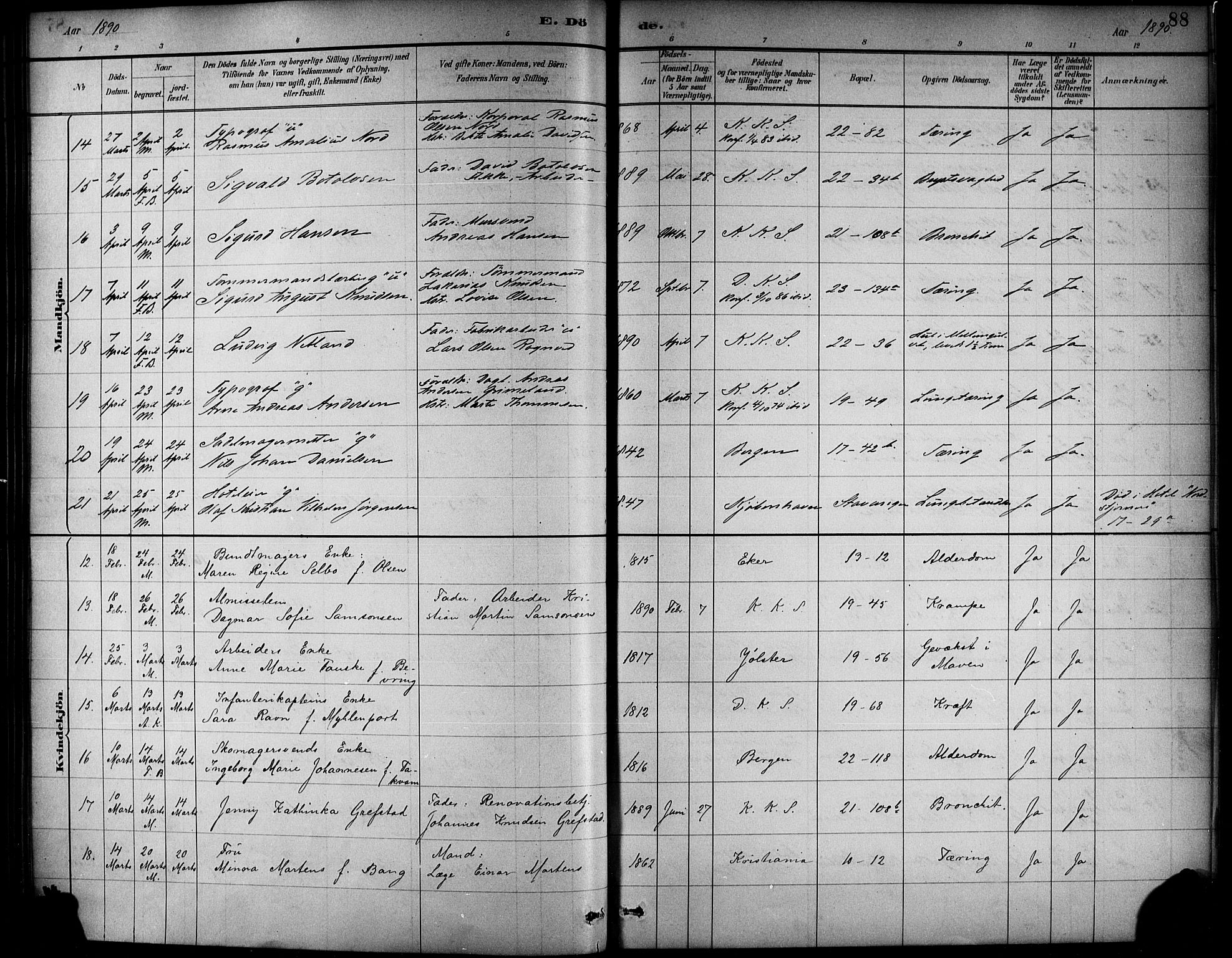 Korskirken sokneprestembete, SAB/A-76101/H/Haa/L0047: Parish register (official) no. E 5, 1884-1910, p. 88