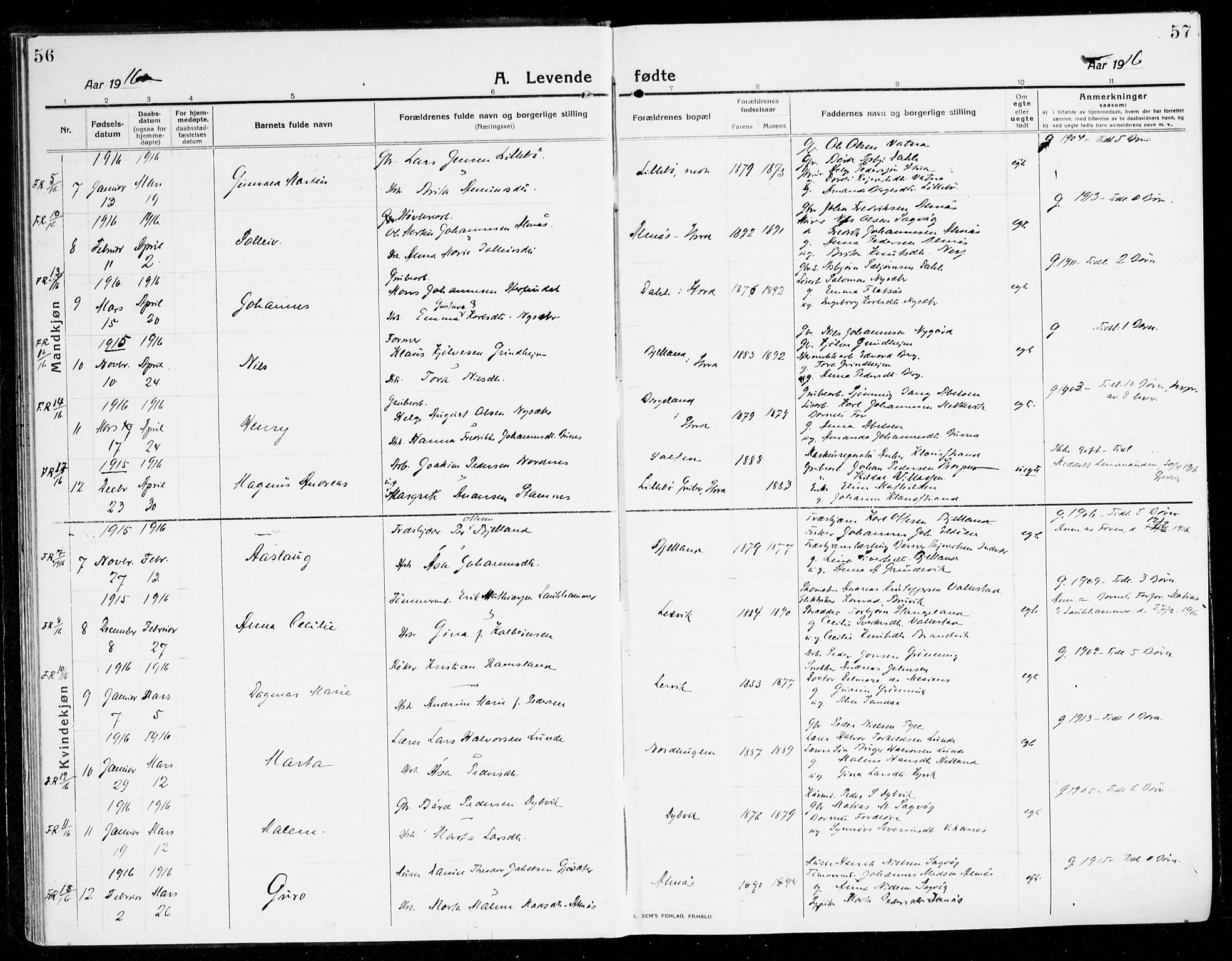 Stord sokneprestembete, AV/SAB-A-78201/H/Haa: Parish register (official) no. B 3, 1913-1925, p. 56-57