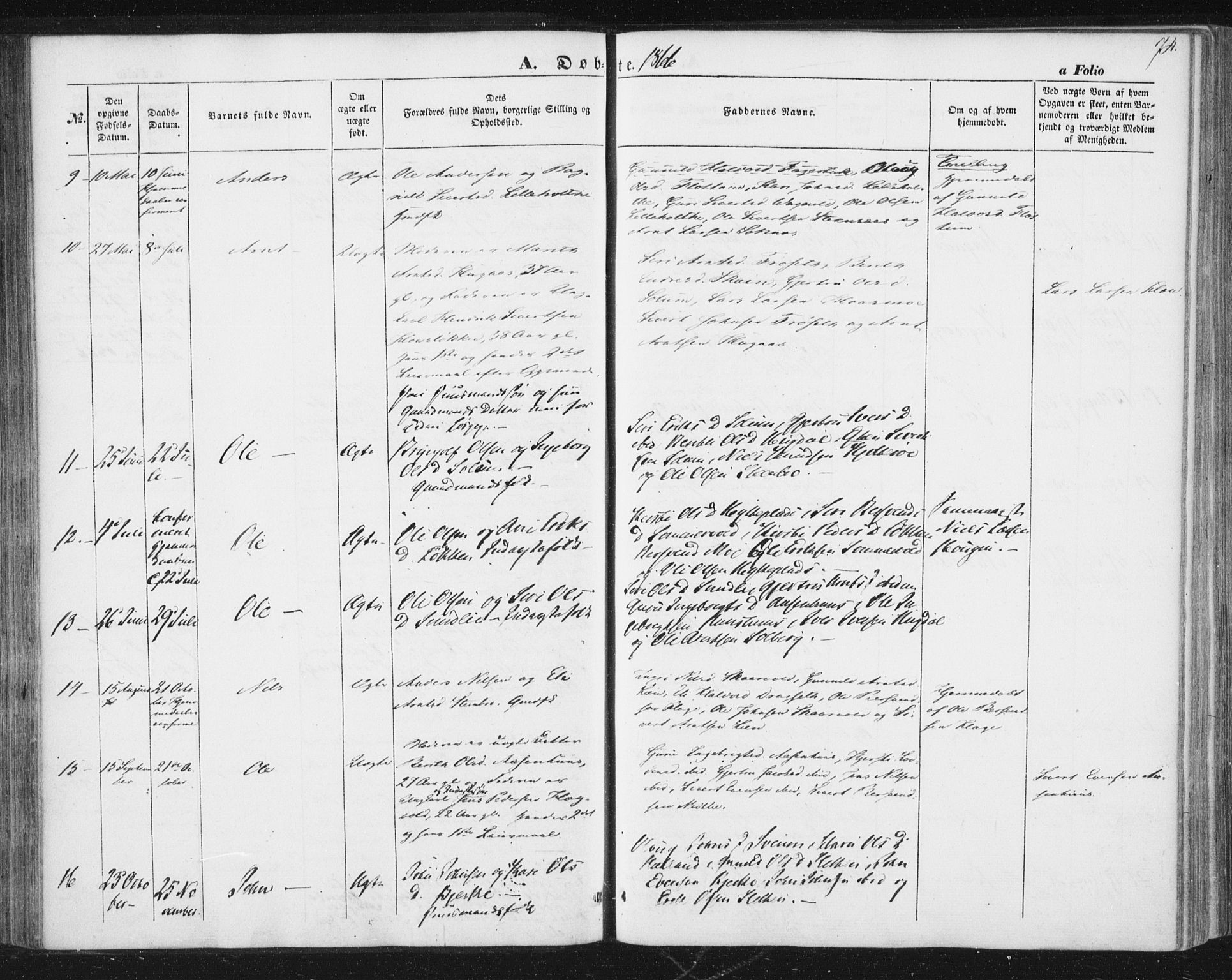 Ministerialprotokoller, klokkerbøker og fødselsregistre - Sør-Trøndelag, AV/SAT-A-1456/689/L1038: Parish register (official) no. 689A03, 1848-1872, p. 74