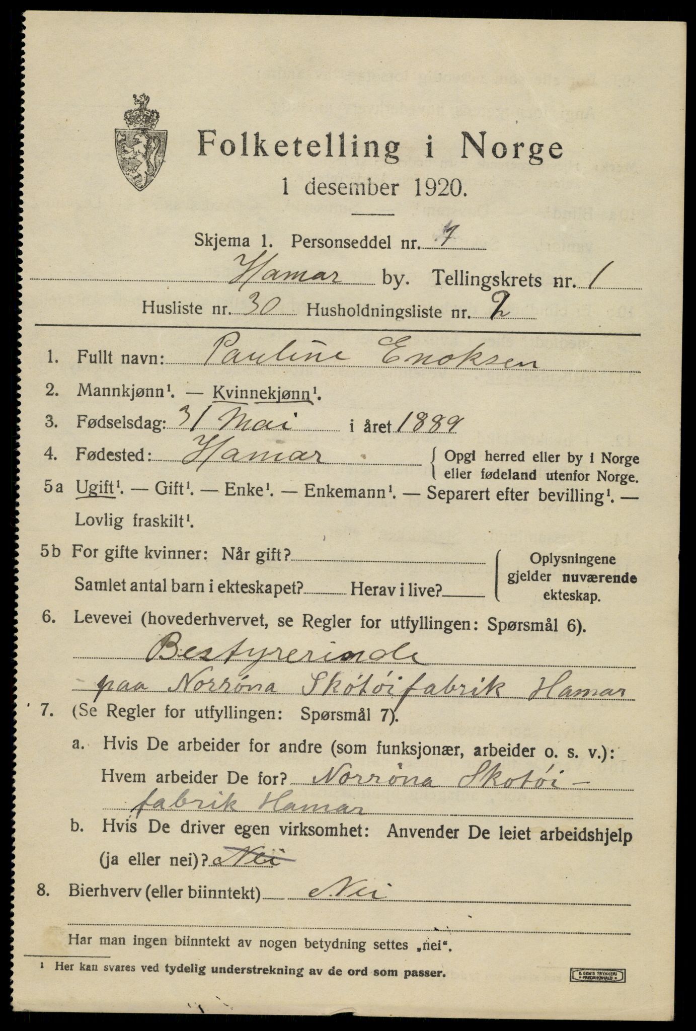 SAH, 1920 census for Hamar, 1920, p. 4949