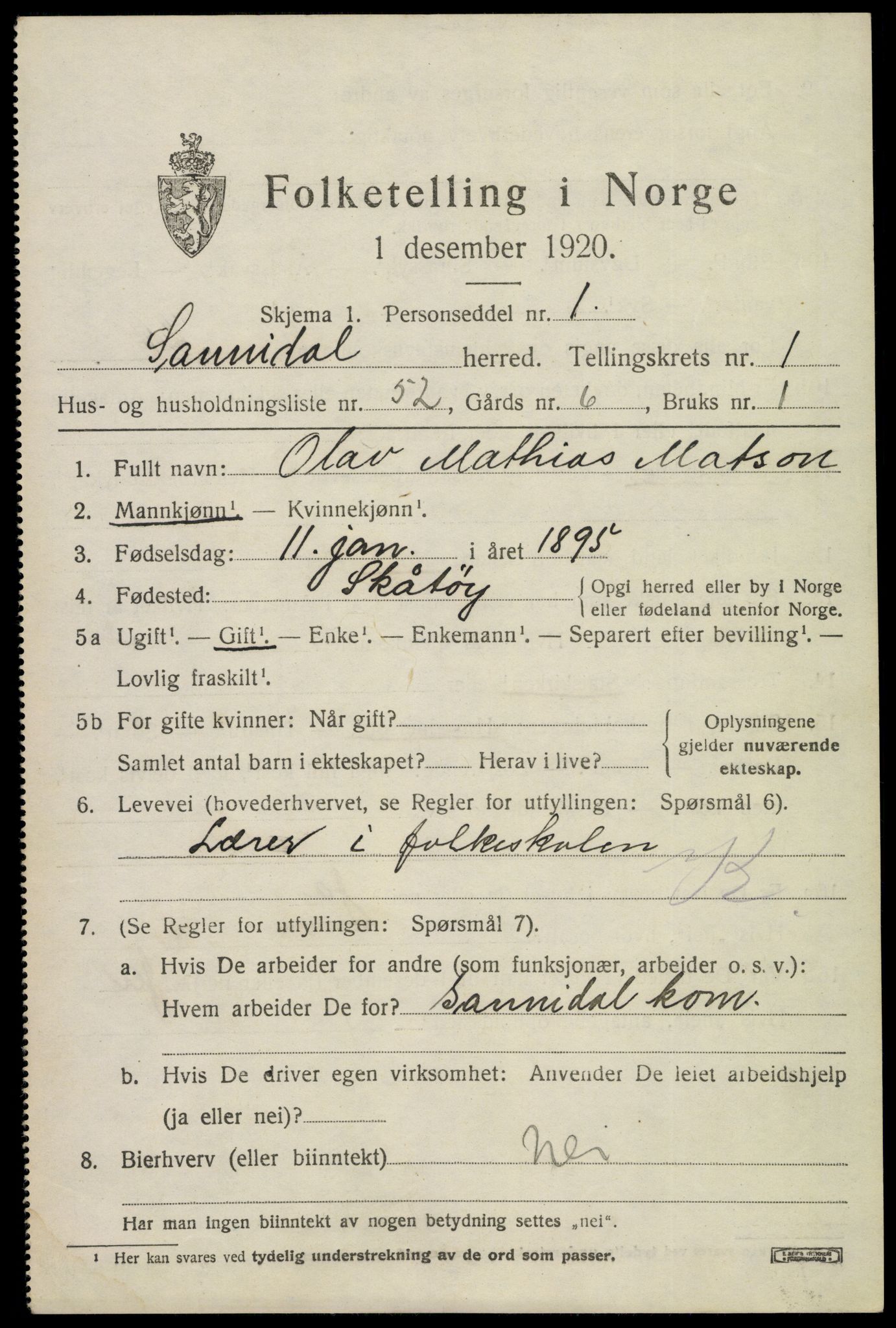 SAKO, 1920 census for Sannidal, 1920, p. 1637
