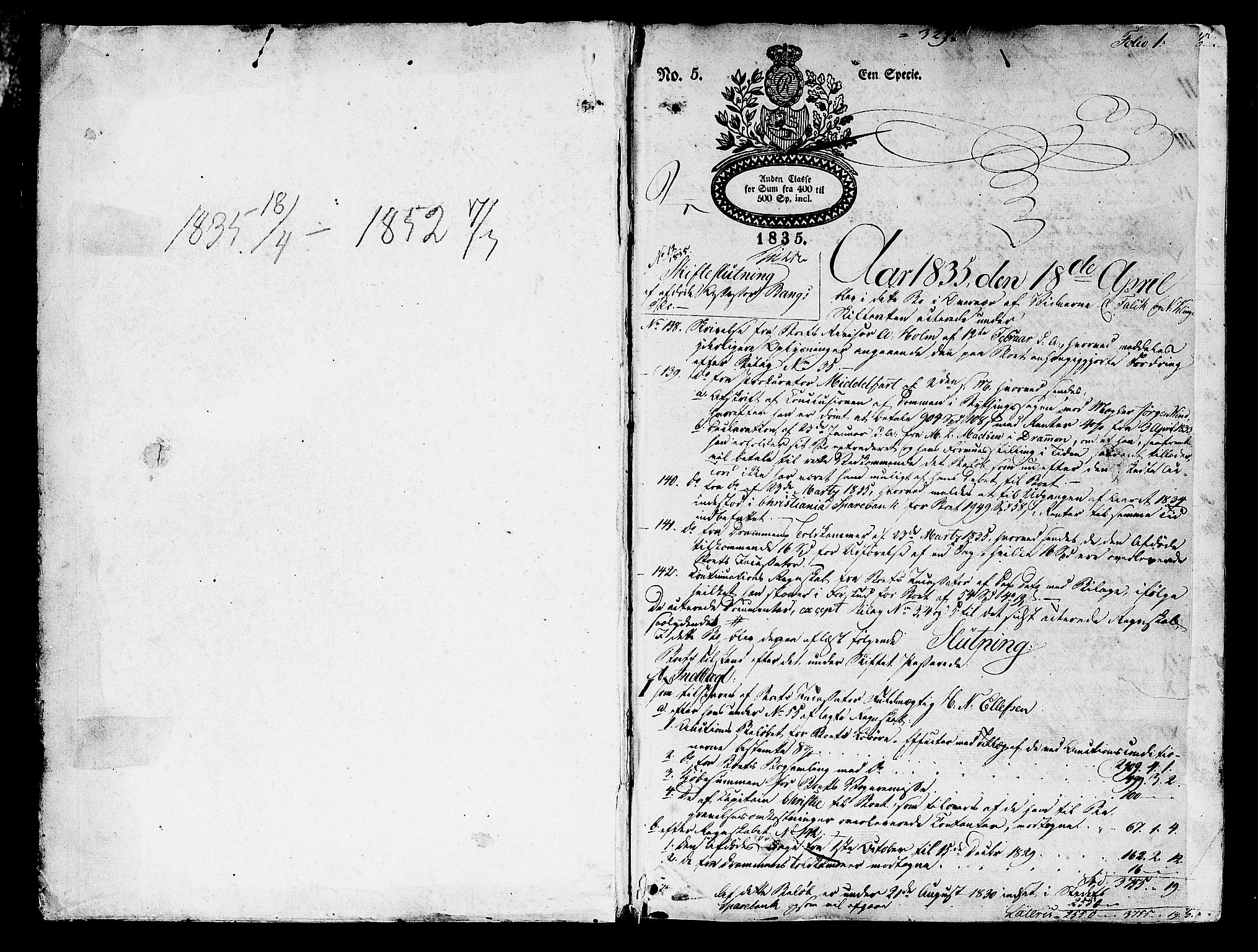 Trondheim byfogd, AV/SAT-A-0003/1/3/3A/L0029: Skifteslutningsprotokoll - 18/4-17/3. (m/ register), 1835-1852, p. 1