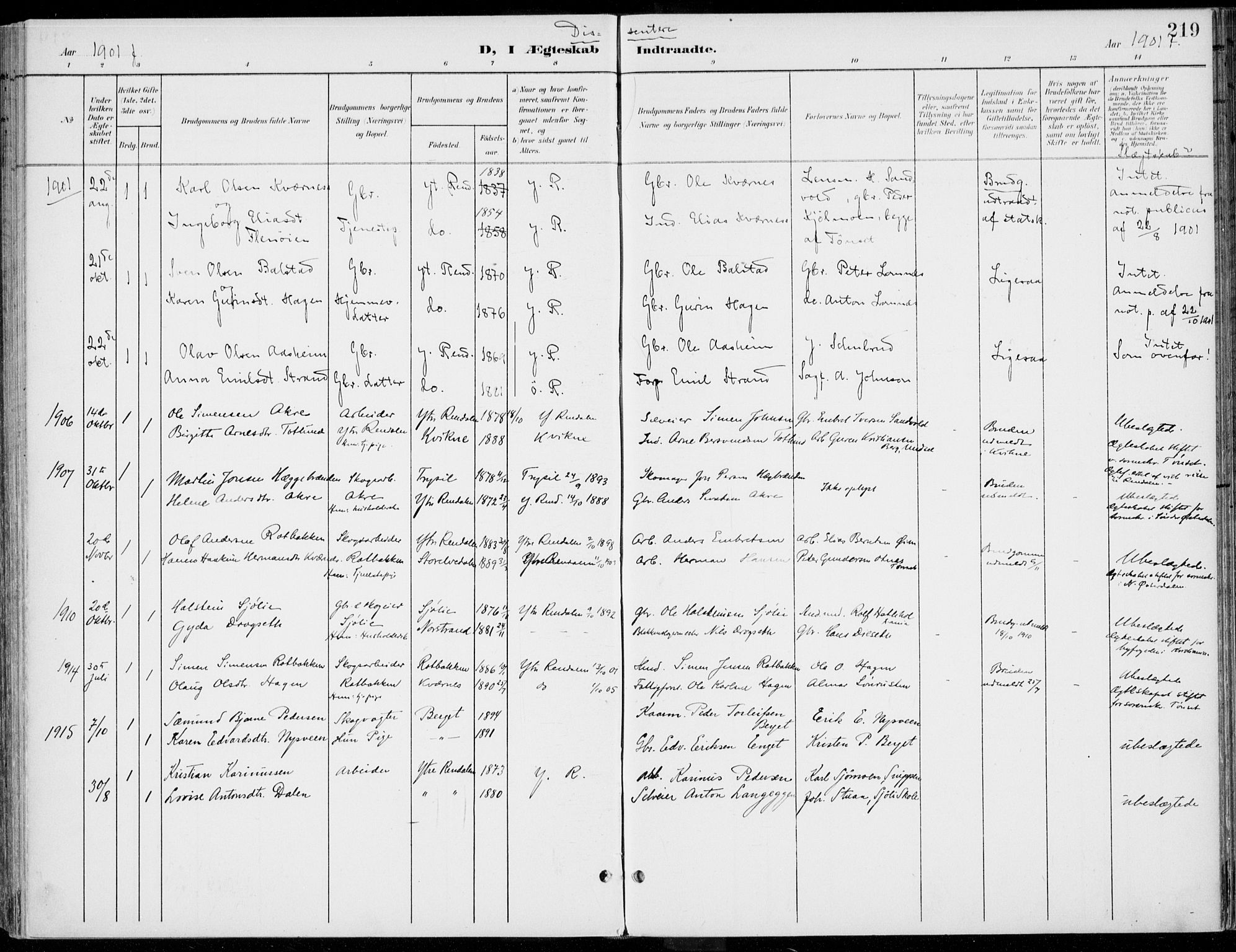 Rendalen prestekontor, SAH/PREST-054/H/Ha/Haa/L0011: Parish register (official) no. 11, 1901-1925, p. 219
