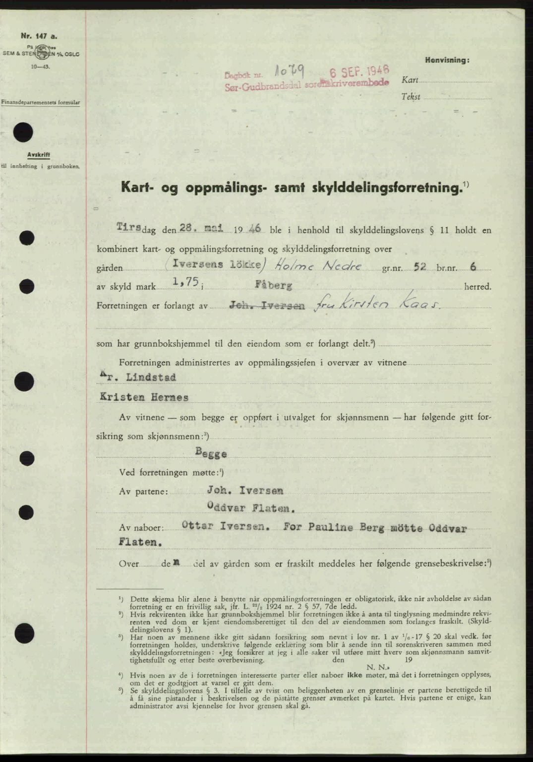 Sør-Gudbrandsdal tingrett, SAH/TING-004/H/Hb/Hbd/L0016: Mortgage book no. A16, 1946-1946, Diary no: : 1079/1946