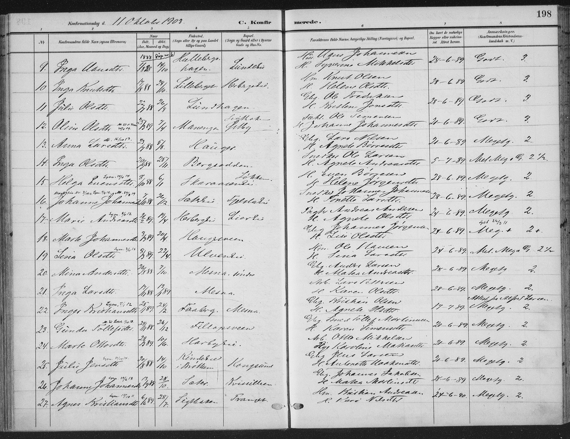 Ringsaker prestekontor, AV/SAH-PREST-014/K/Ka/L0018: Parish register (official) no. 18, 1903-1912, p. 198