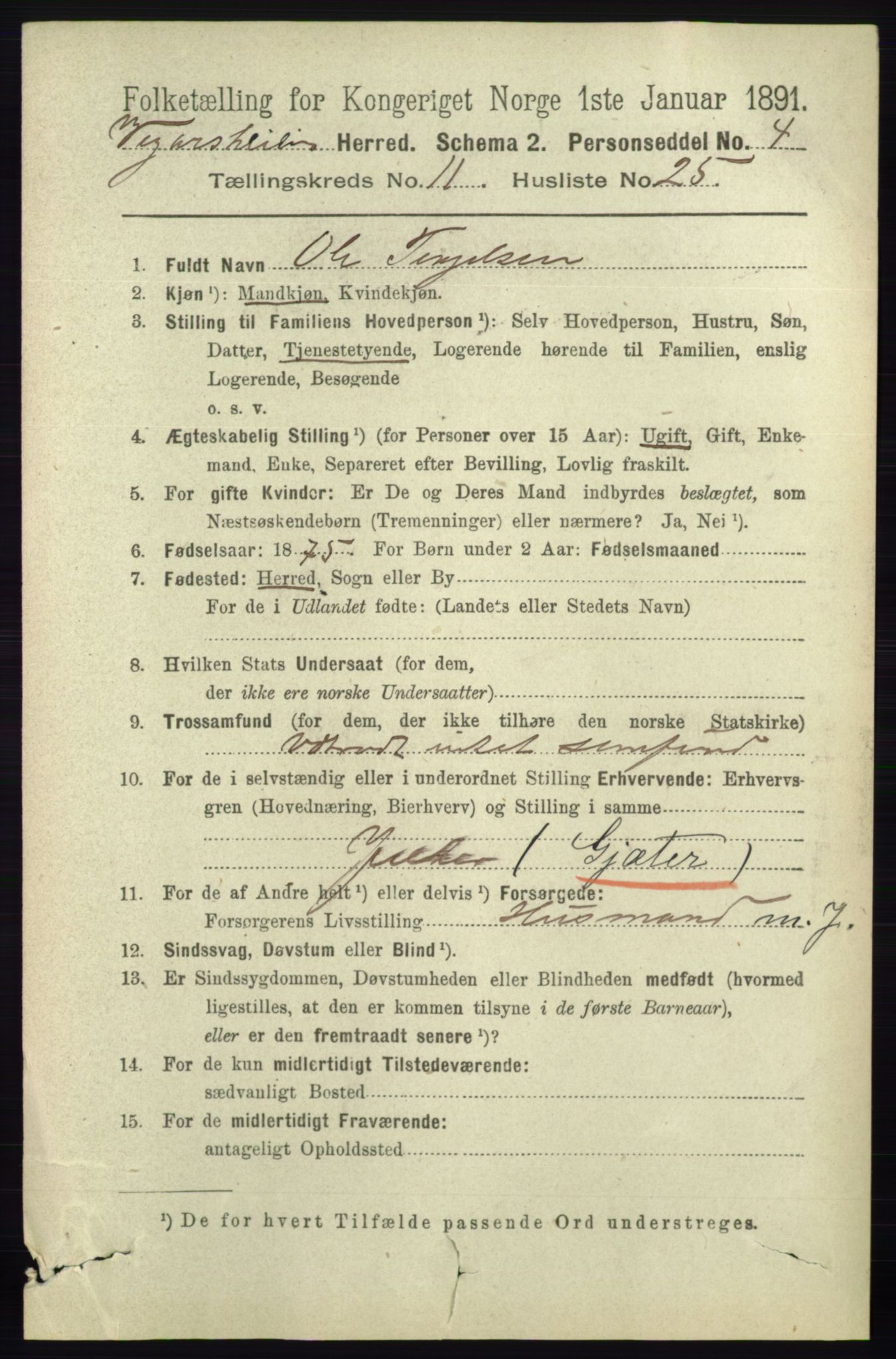 RA, 1891 census for 0912 Vegårshei, 1891, p. 2388