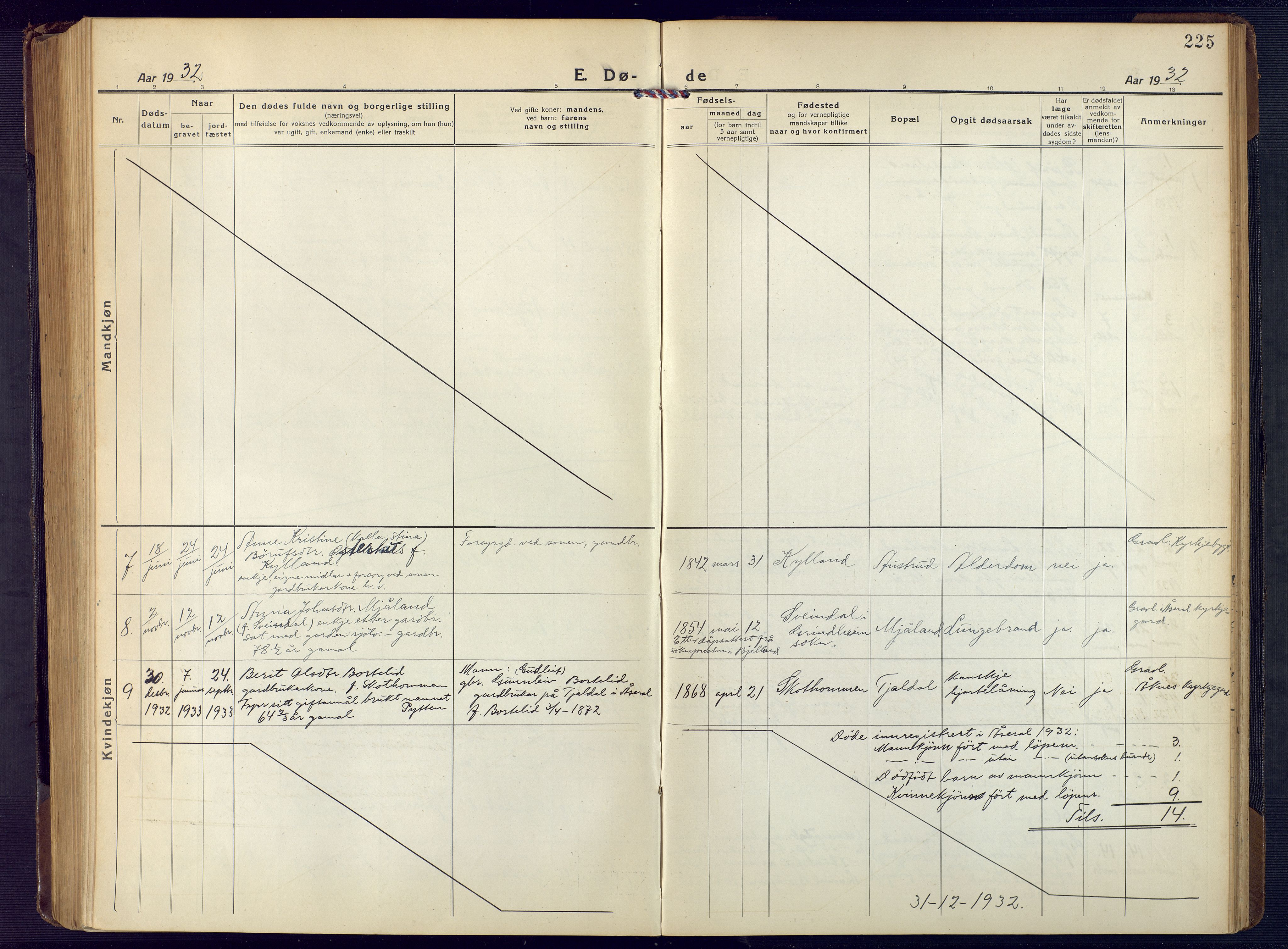 Åseral sokneprestkontor, AV/SAK-1111-0051/F/Fb/L0004: Parish register (copy) no. B 4, 1920-1946, p. 225