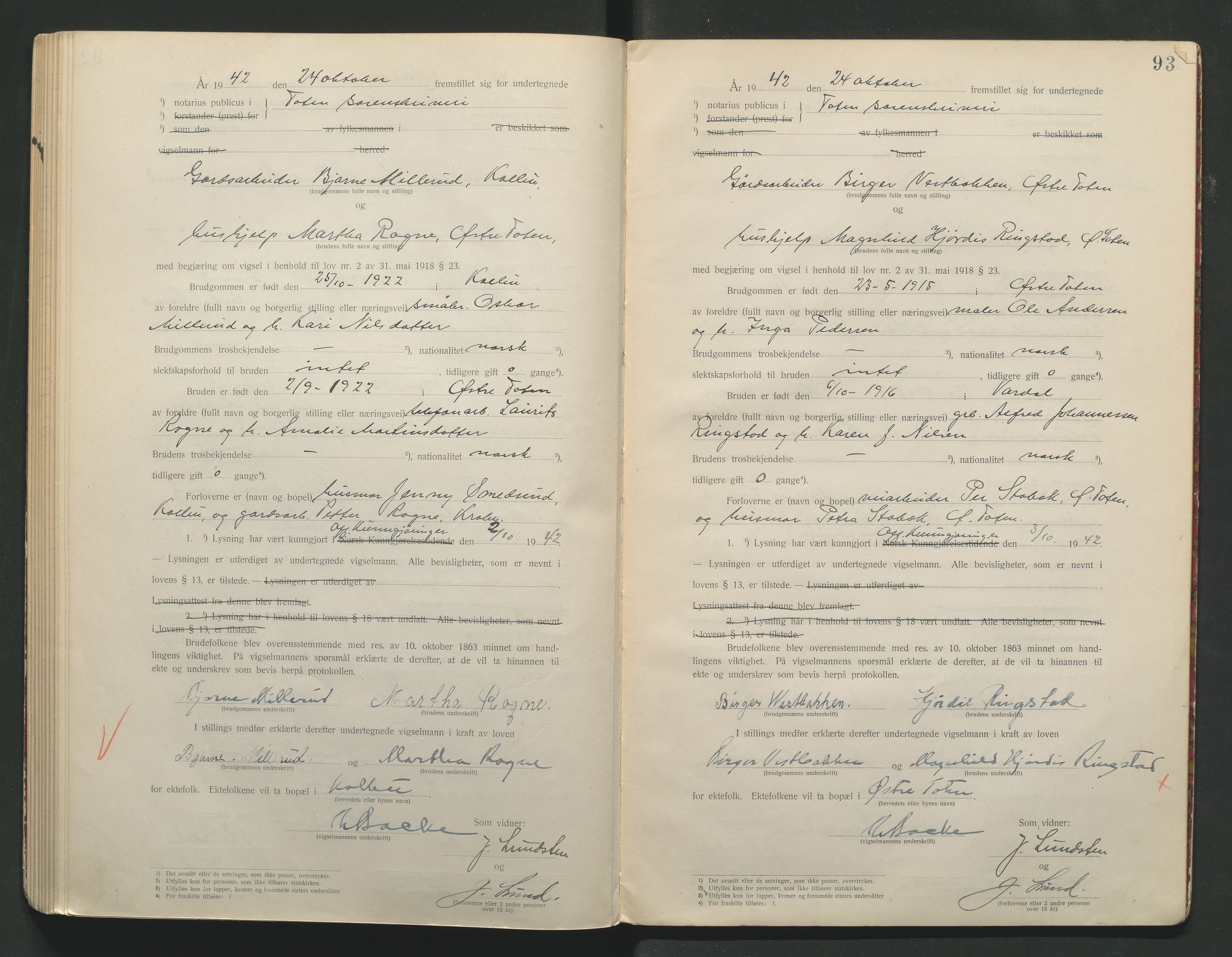 Toten tingrett, AV/SAH-TING-006/L/Lc/L0001: Vigselbok, 1920-1942, p. 93