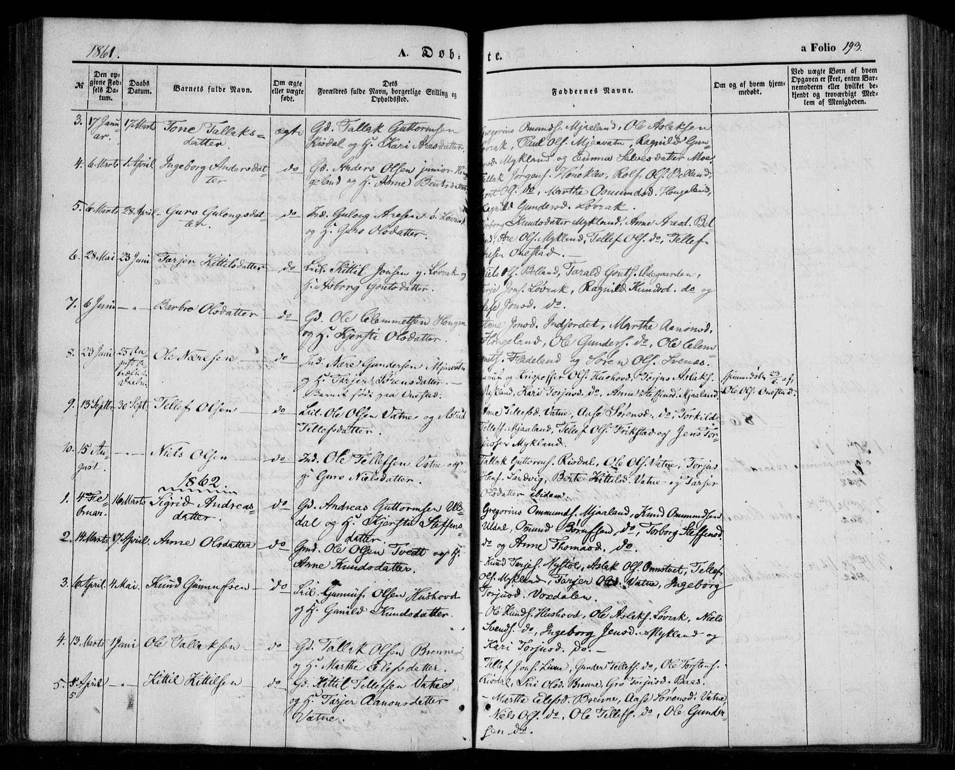 Åmli sokneprestkontor, AV/SAK-1111-0050/F/Fa/Fac/L0008: Parish register (official) no. A 8, 1852-1869, p. 193