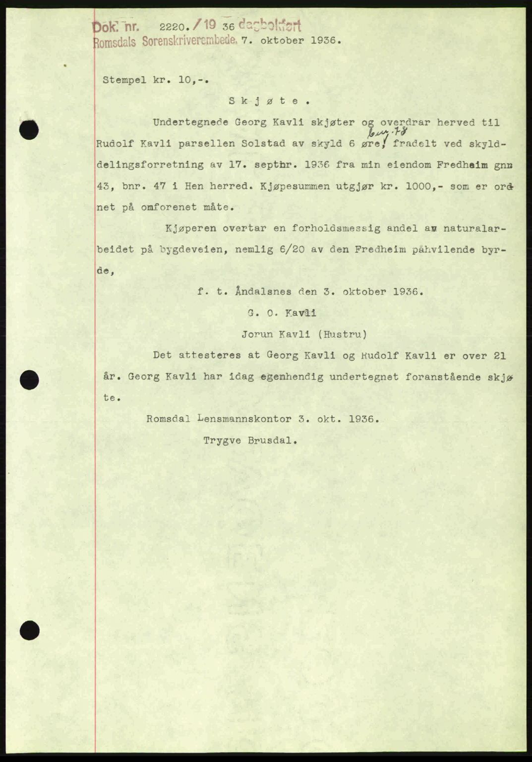 Romsdal sorenskriveri, SAT/A-4149/1/2/2C: Mortgage book no. A2, 1936-1937, Diary no: : 2220/1936