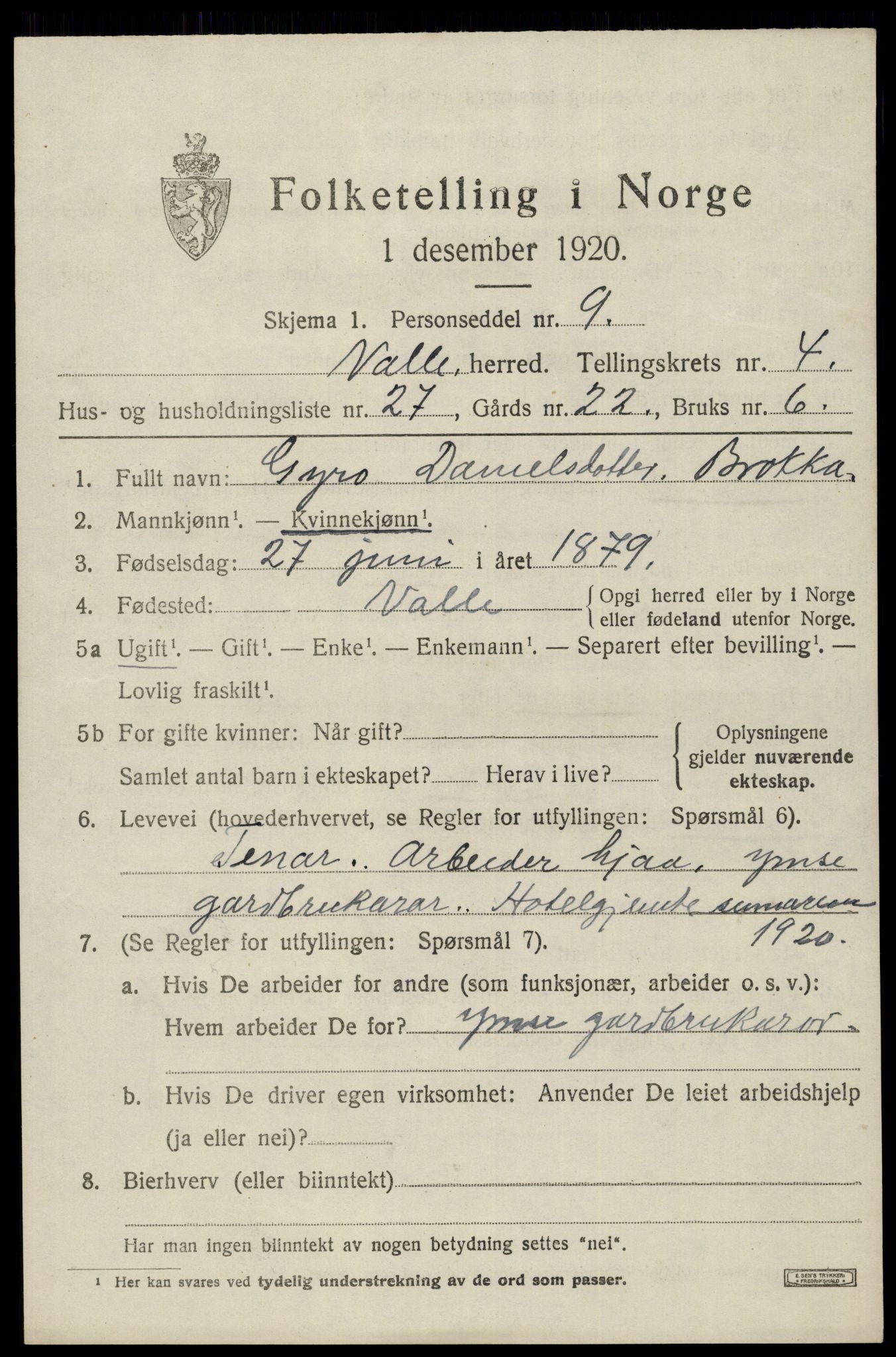 SAK, 1920 census for Valle, 1920, p. 2311