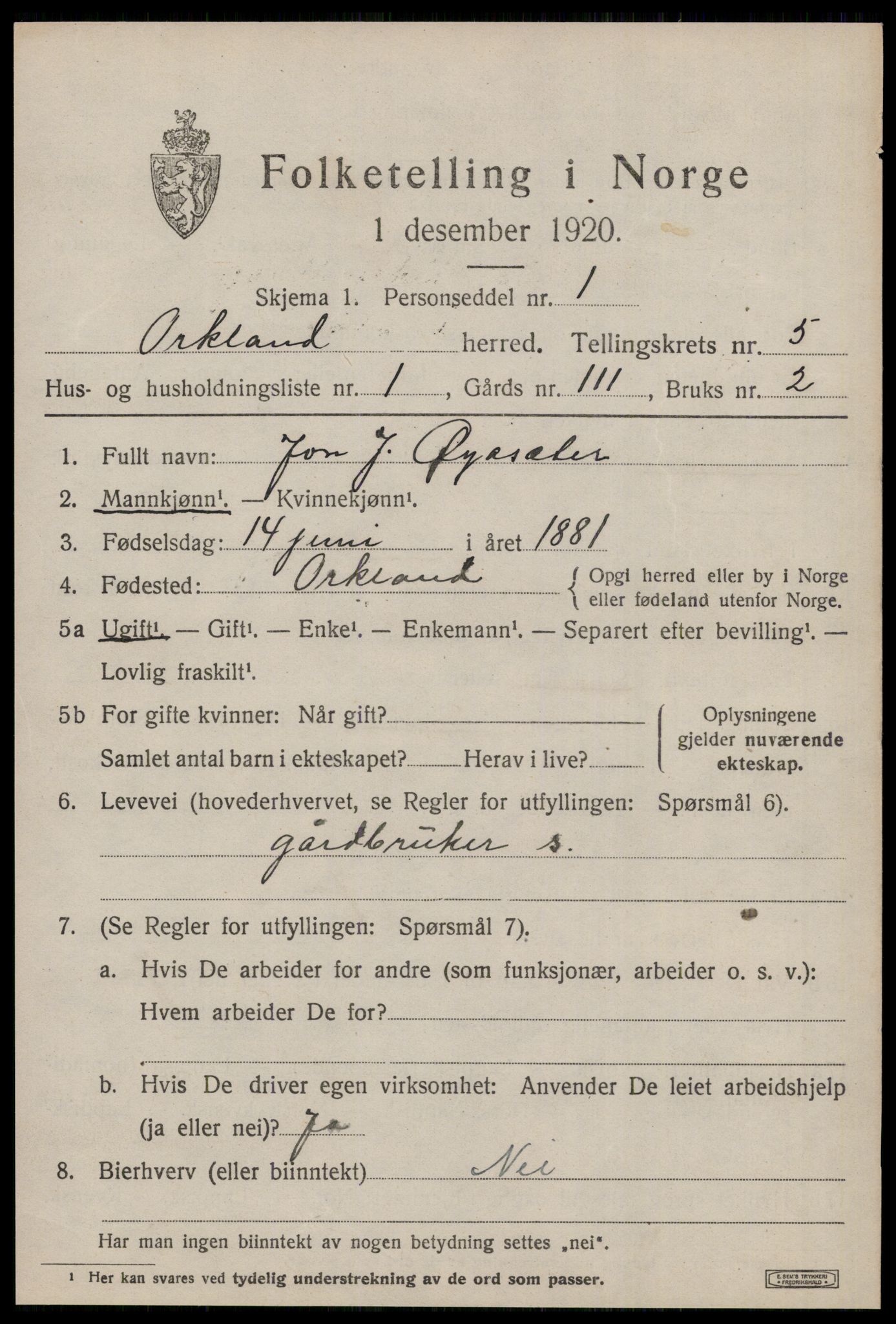 SAT, 1920 census for Orkland, 1920, p. 4022